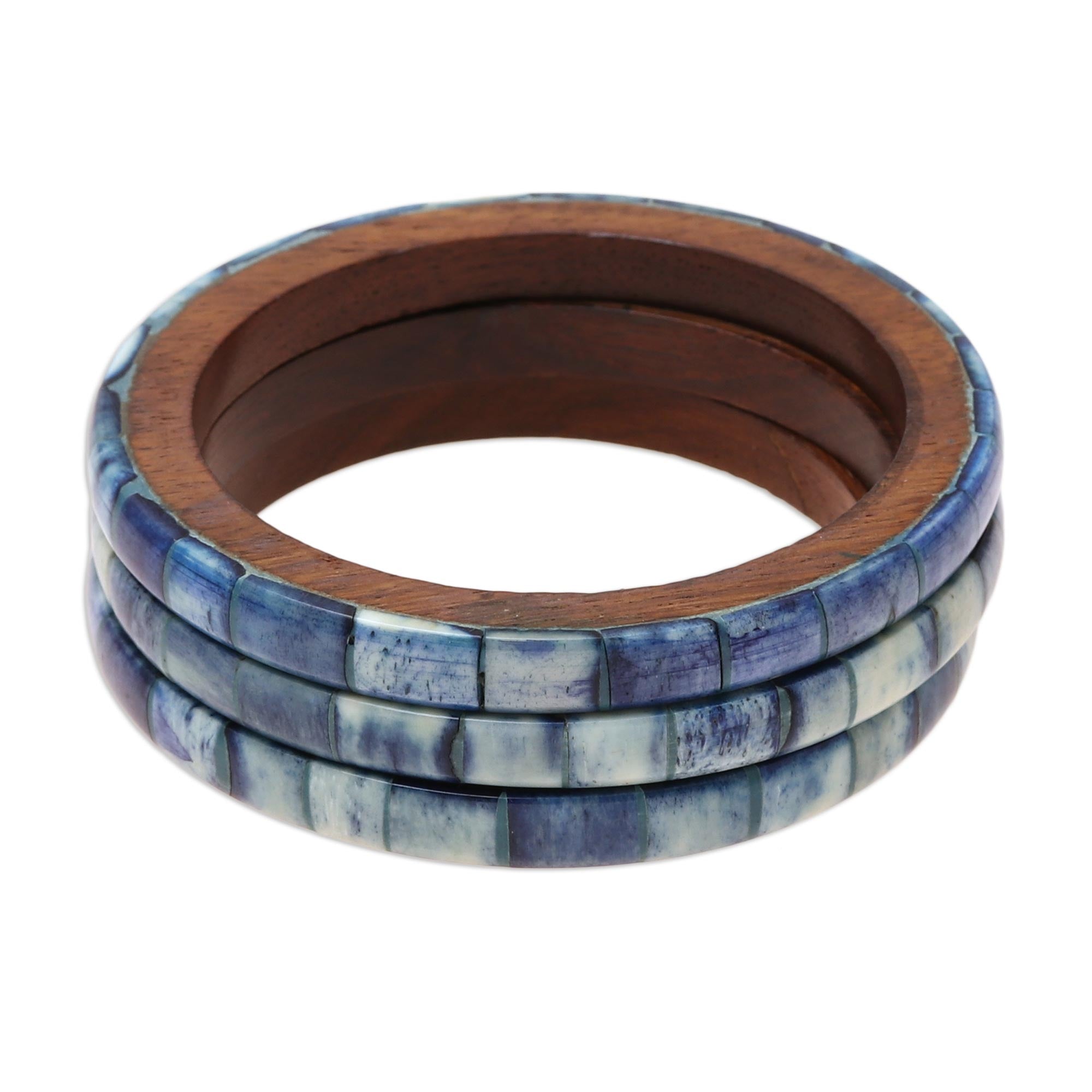 Premium Blue Saga Handcrafted Bone & Mango Wood Bangle Bracelet Set (3-Piece)