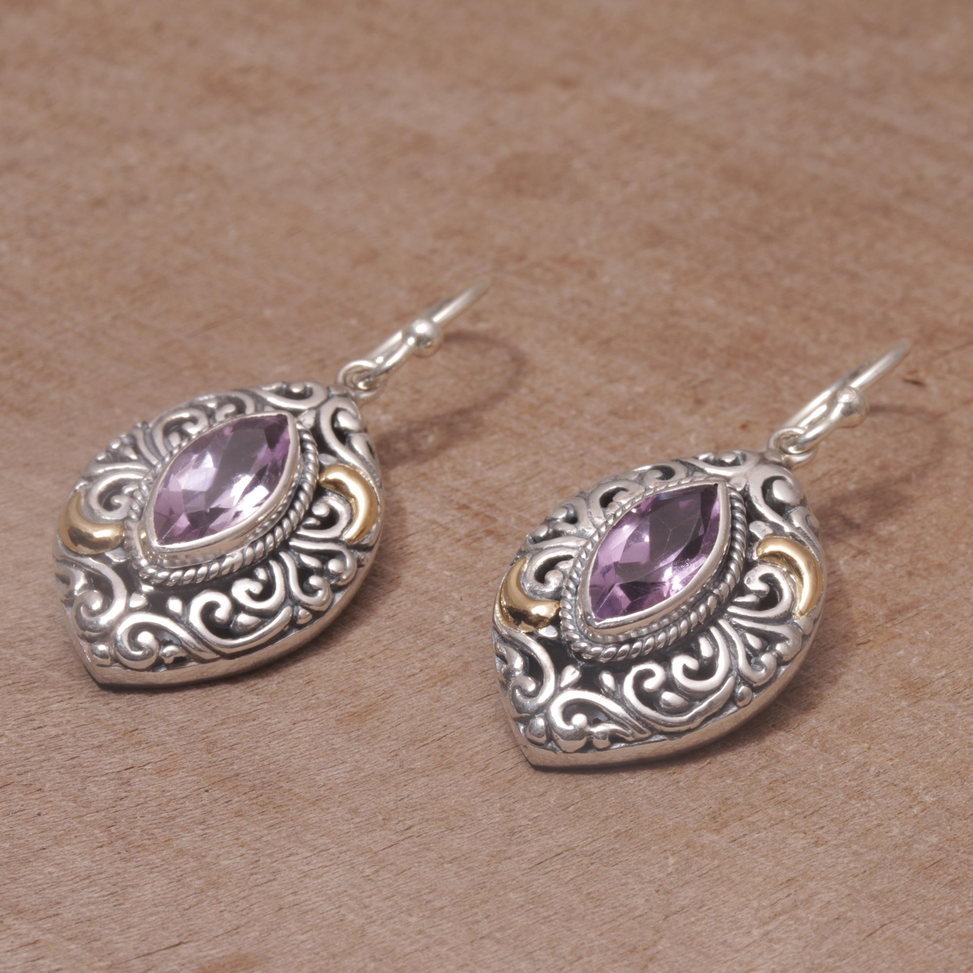 Premium Bali Amethyst Dangle Earrings with 18K Gold Accents