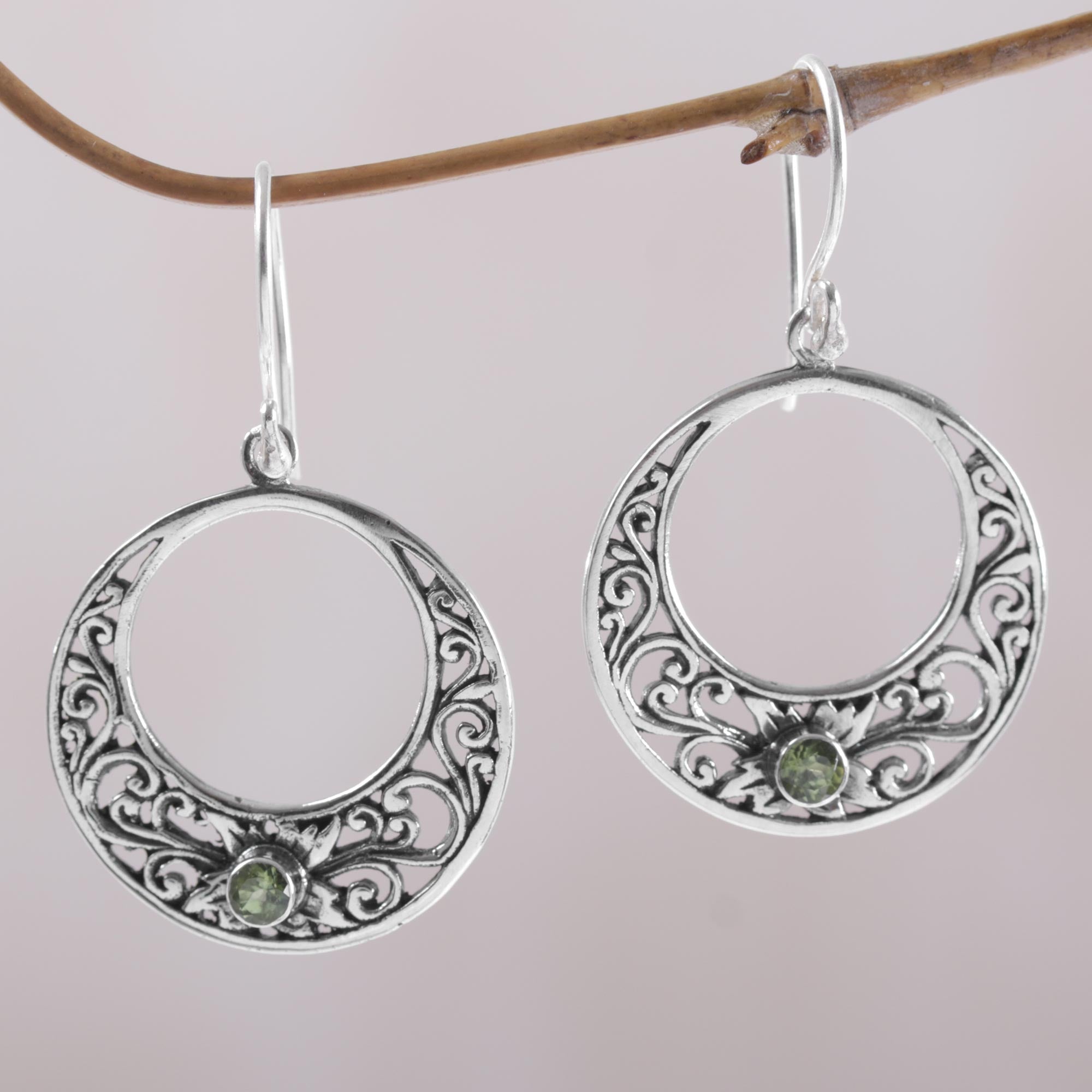 Premium Crescent Spirals Peridot Dangle Earrings - Handcrafted 925 Sterling Silver from Bali