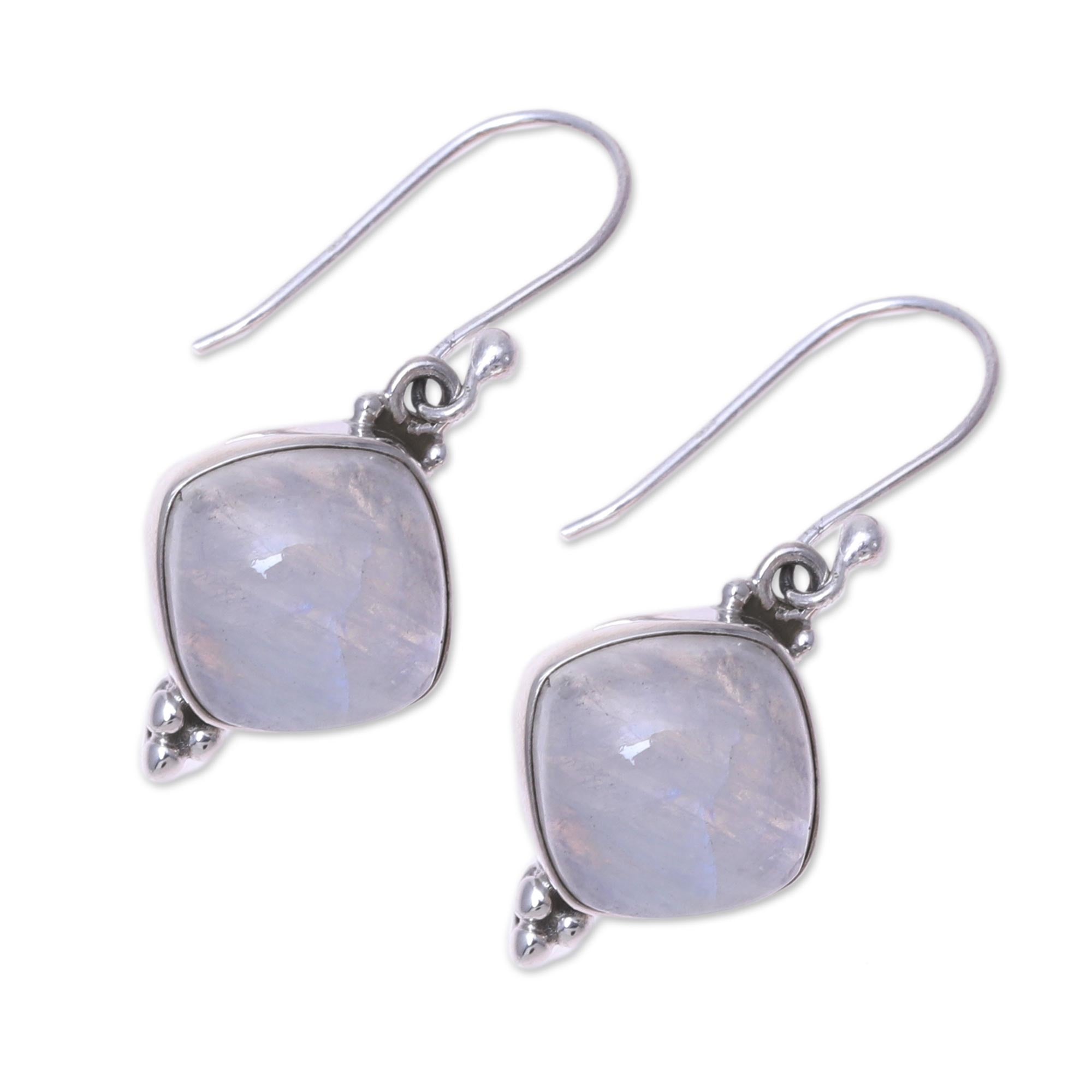 Premium Rainbow Moonstone Dangle Earrings - Handcrafted Sterling Silver Jewelry