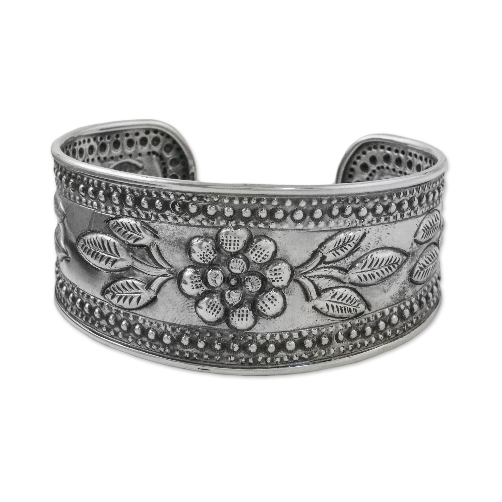 Premium Thai Sterling Silver Floral Cuff Bracelet - Handcrafted Elegance