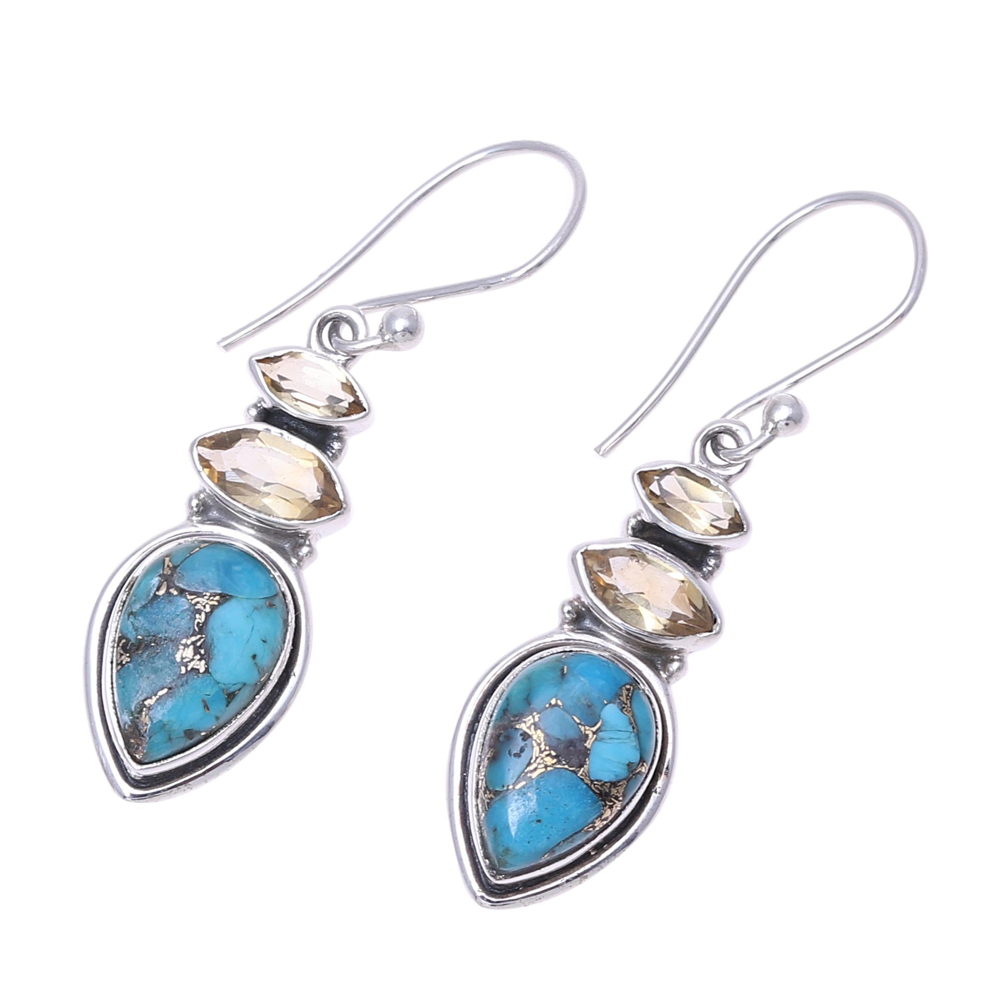 Premium Citrine & Turquoise Sterling Silver Dangle Earrings – Handcrafted in India