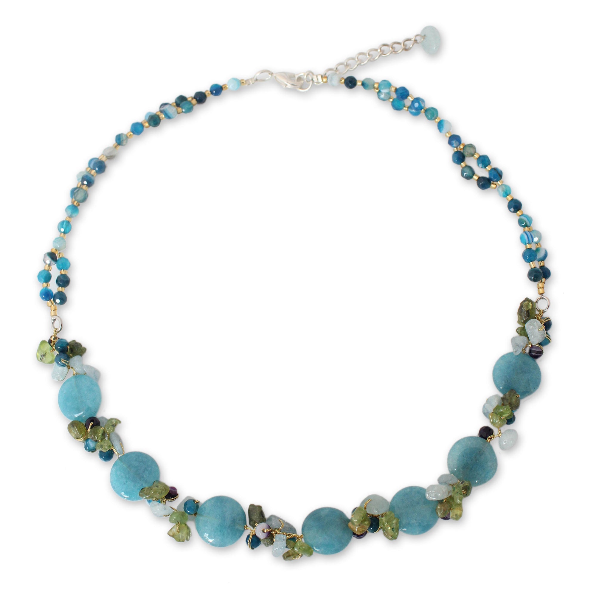 Premium Light Blue Peonies Multi-Gem Beaded Necklace - Handcrafted Elegance