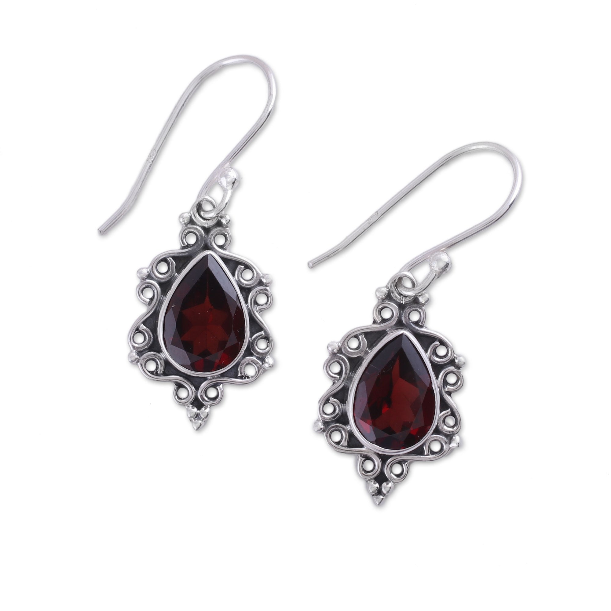 Premium Sterling Silver & Garnet Dangle Earrings - Handcrafted in India