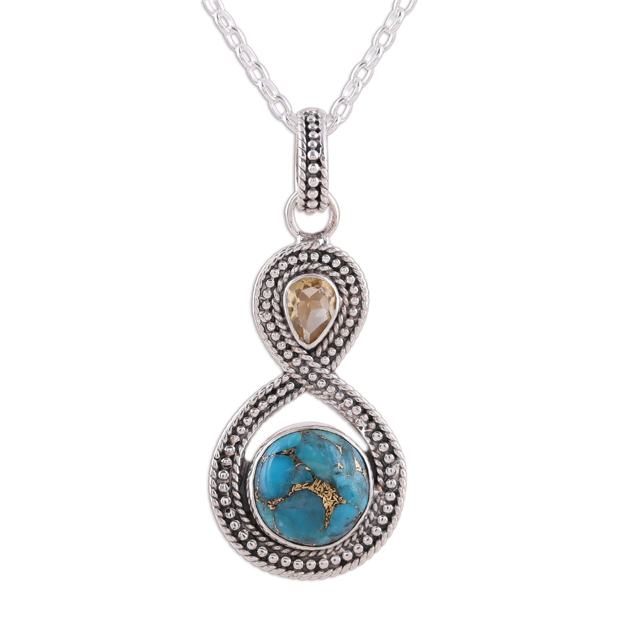 Premium Infinity Citrine & Turquoise Pendant Necklace - Handcrafted Sterling Silver