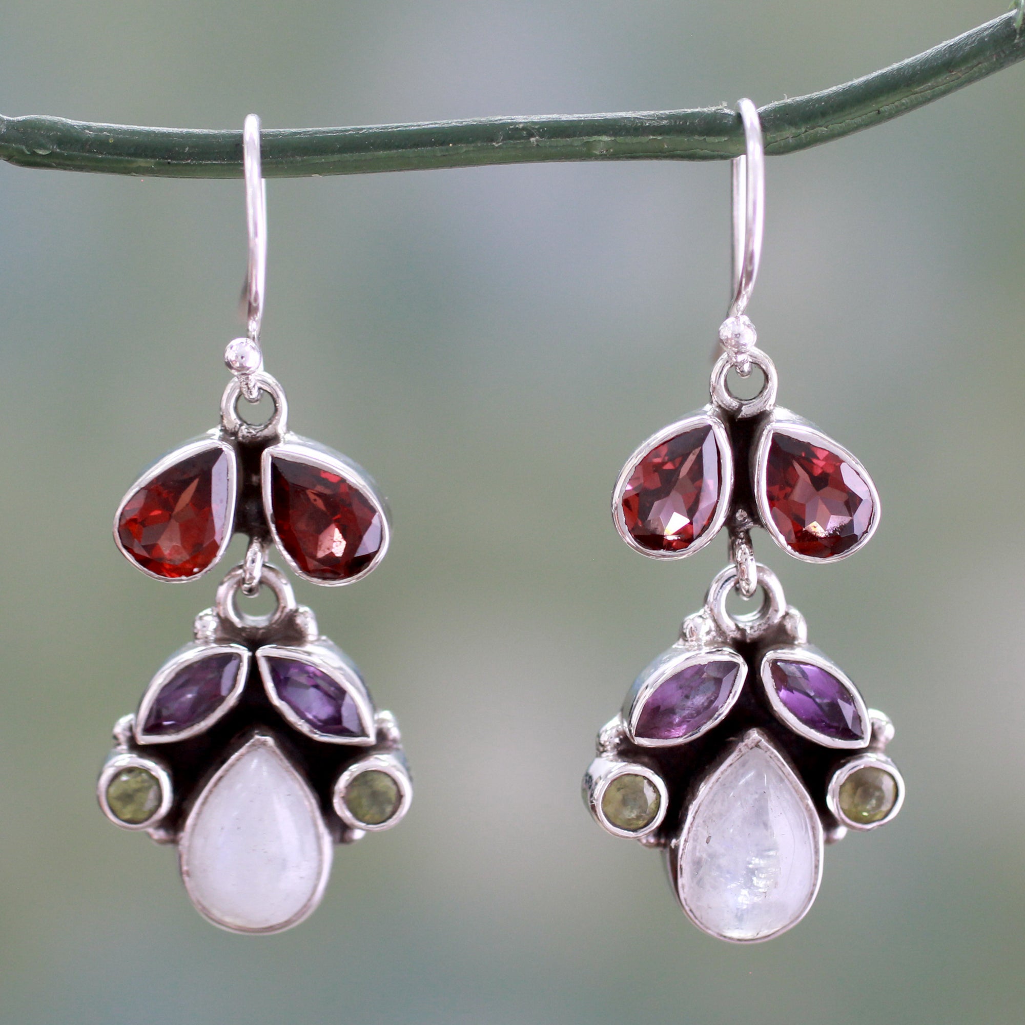 Premium Garnet & Rainbow Moonstone Chandelier Earrings - Handcrafted Sterling Silver