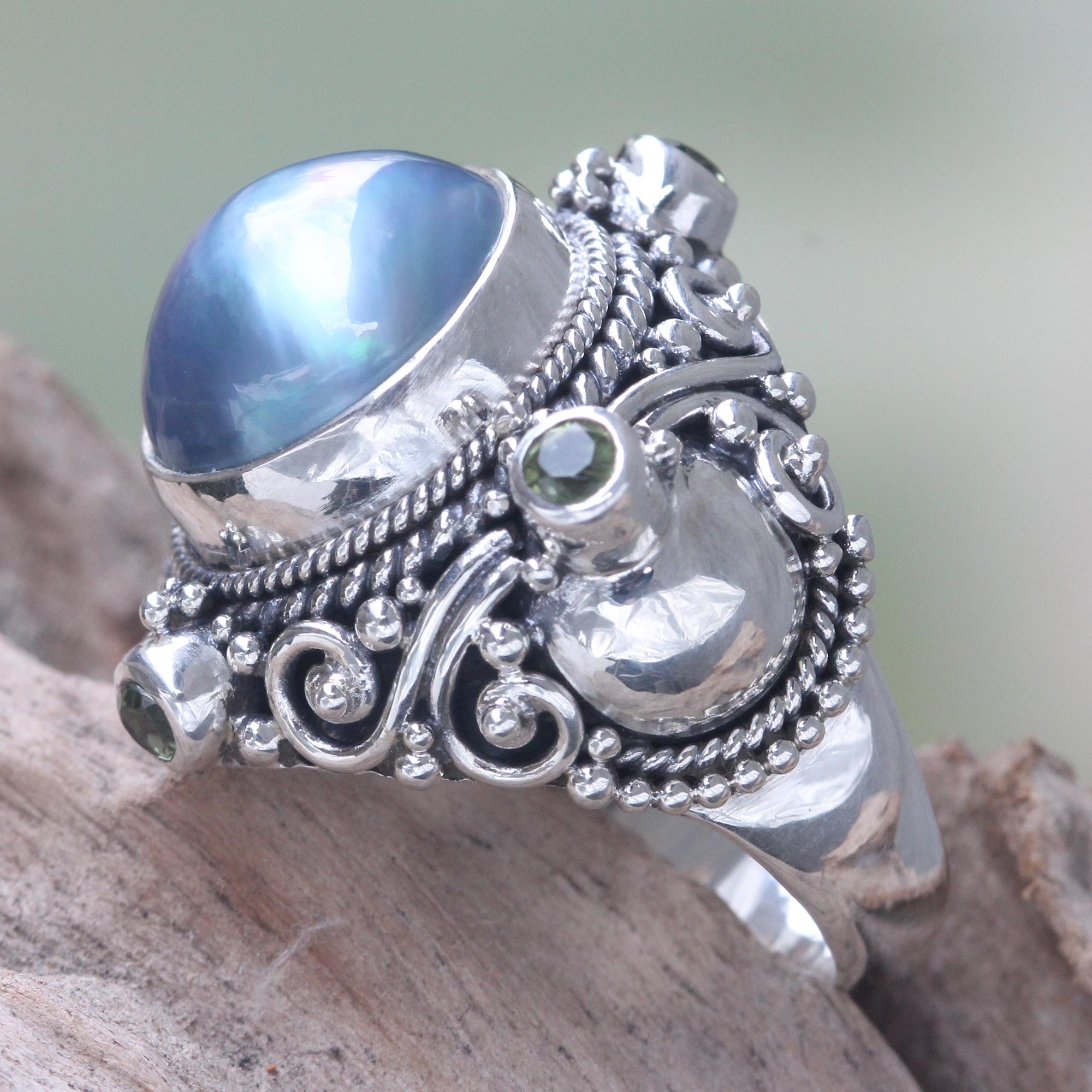 Premium Regal Blue Glory Cocktail Ring with Mabe Pearl & Peridot