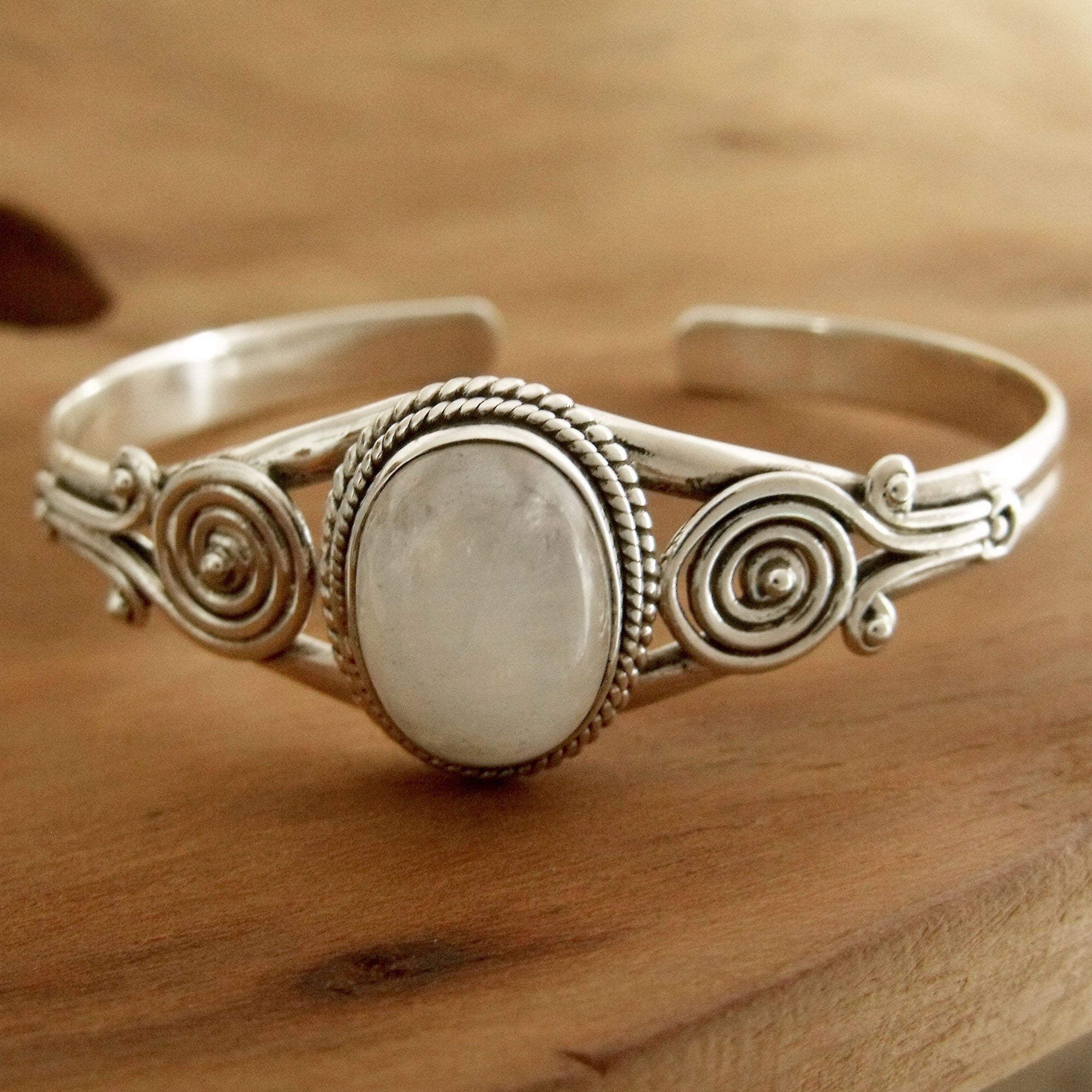 Premium Sterling Silver Cuff Bracelet with Rainbow Moonstone