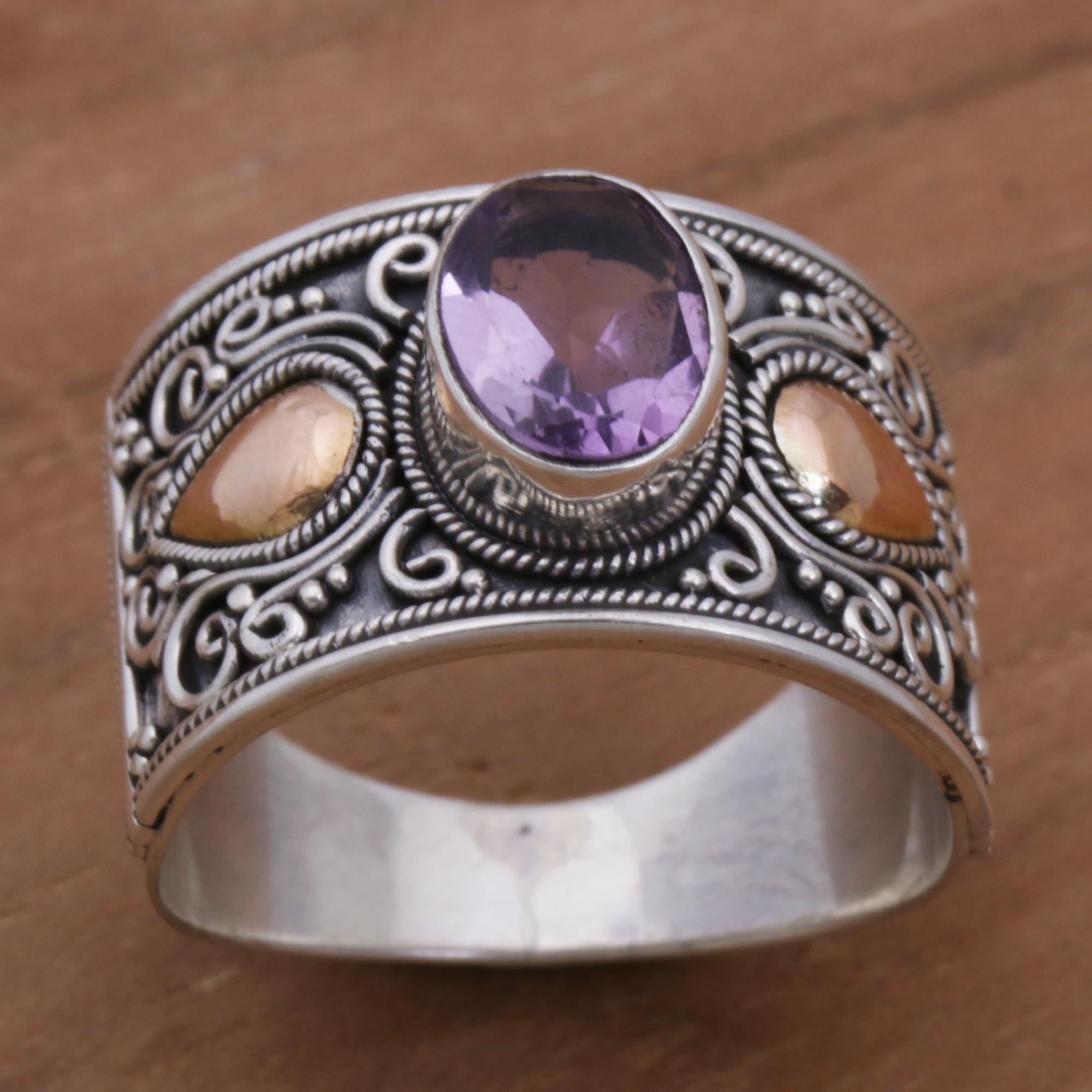 Premium Cantik Sparkle Gold Accent Amethyst Ring - Handcrafted in Bali