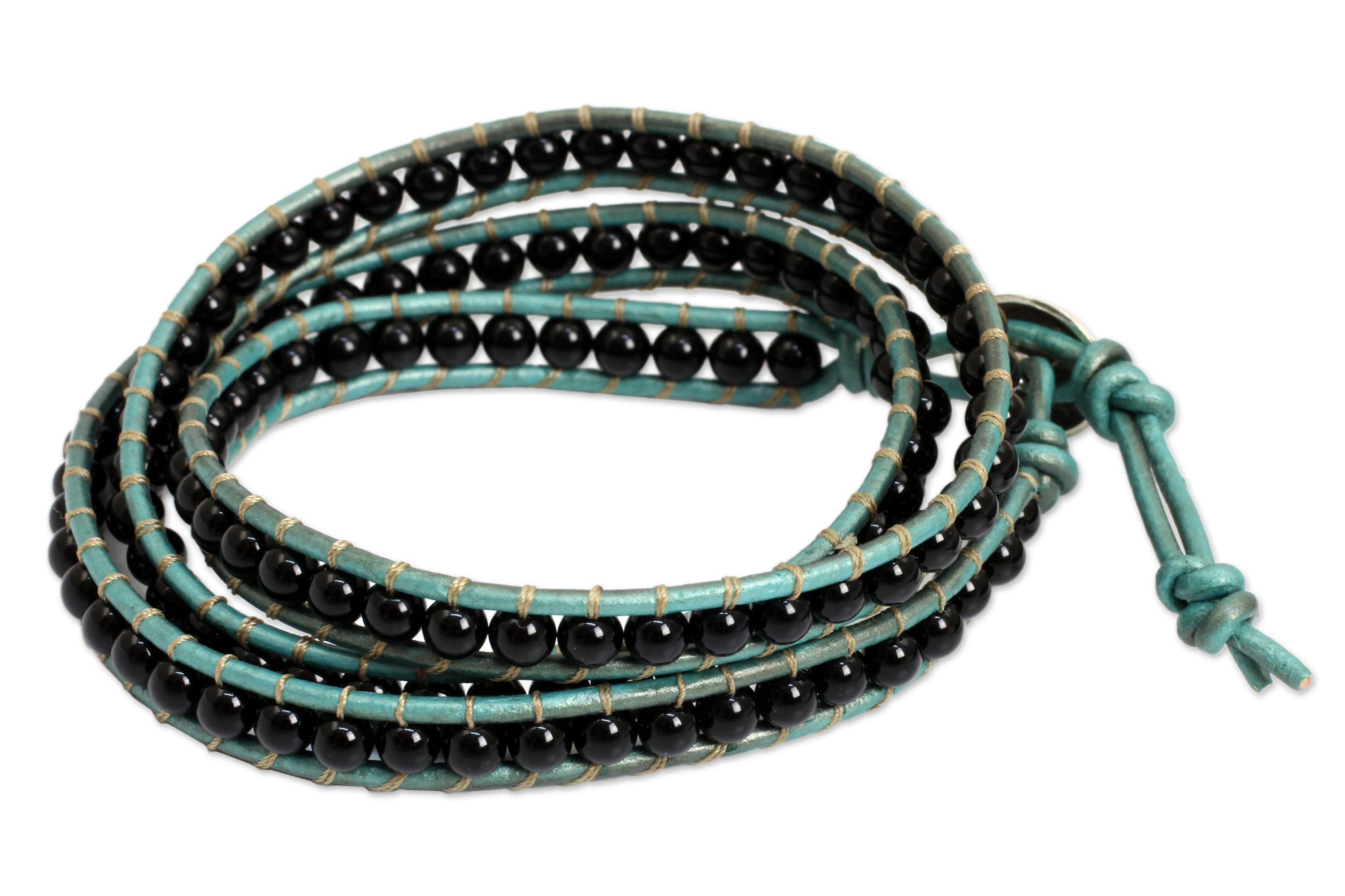 Premium Onyx & Leather Wrap Bracelet – Handcrafted by Thai Artisans