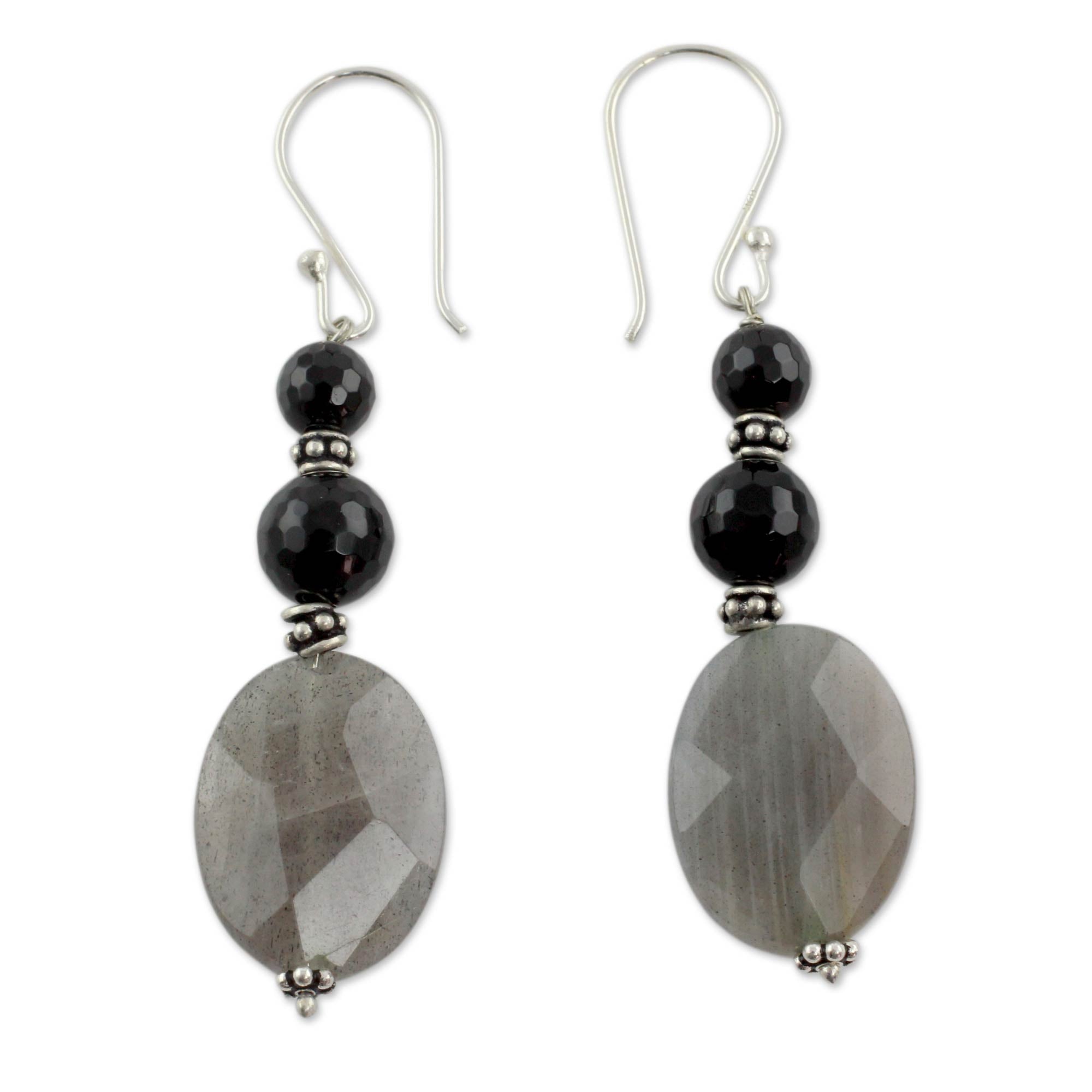 Premium Midnight Mist Onyx & Labradorite Earrings – Handcrafted Sterling Silver