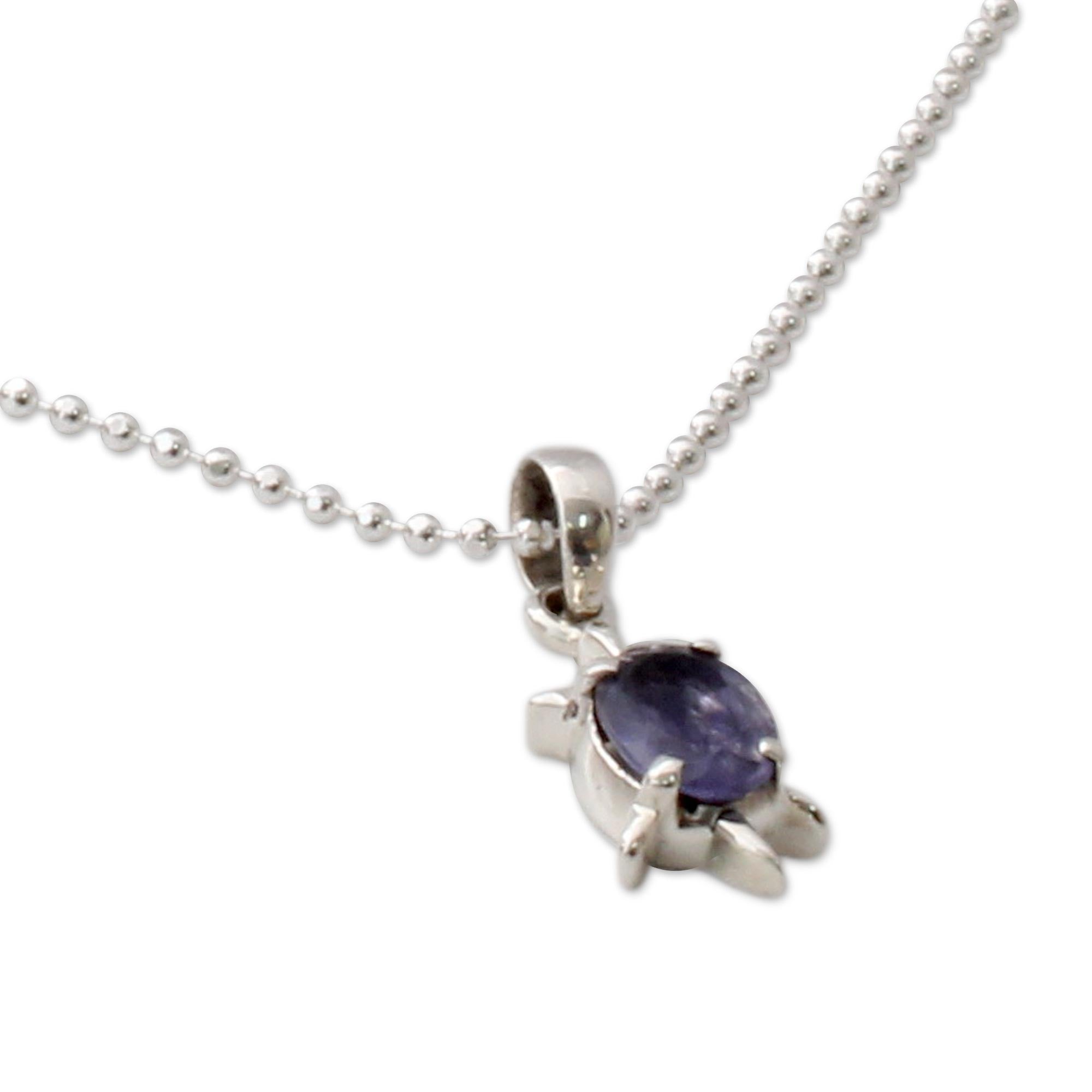 Premium Iolite Crystal Turtle Necklace - Sterling Silver Pendant