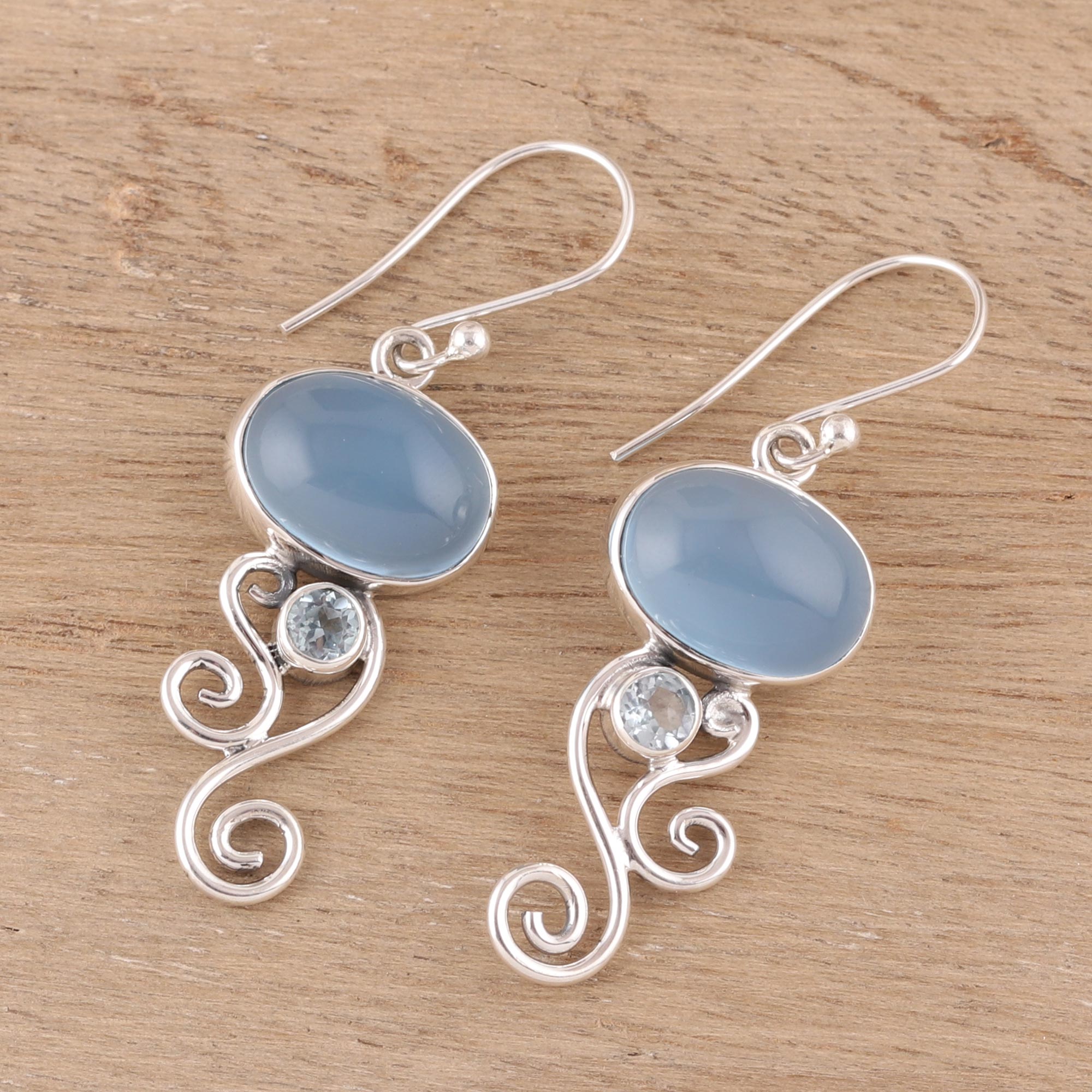 Premium Oval Tendrils Chalcedony and Blue Topaz Dangle Earrings - Handcrafted in India