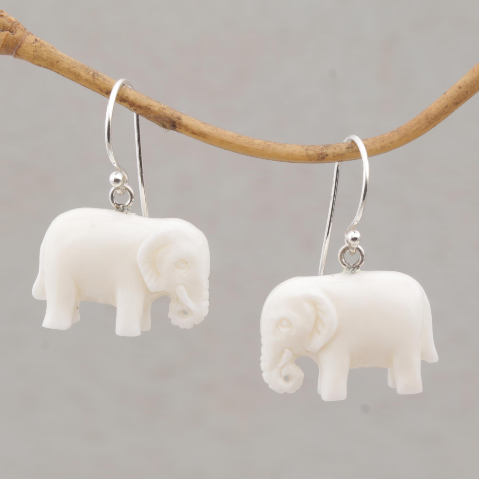 Premium White Elephant Luck Dangle Earrings - Handcrafted in Bali