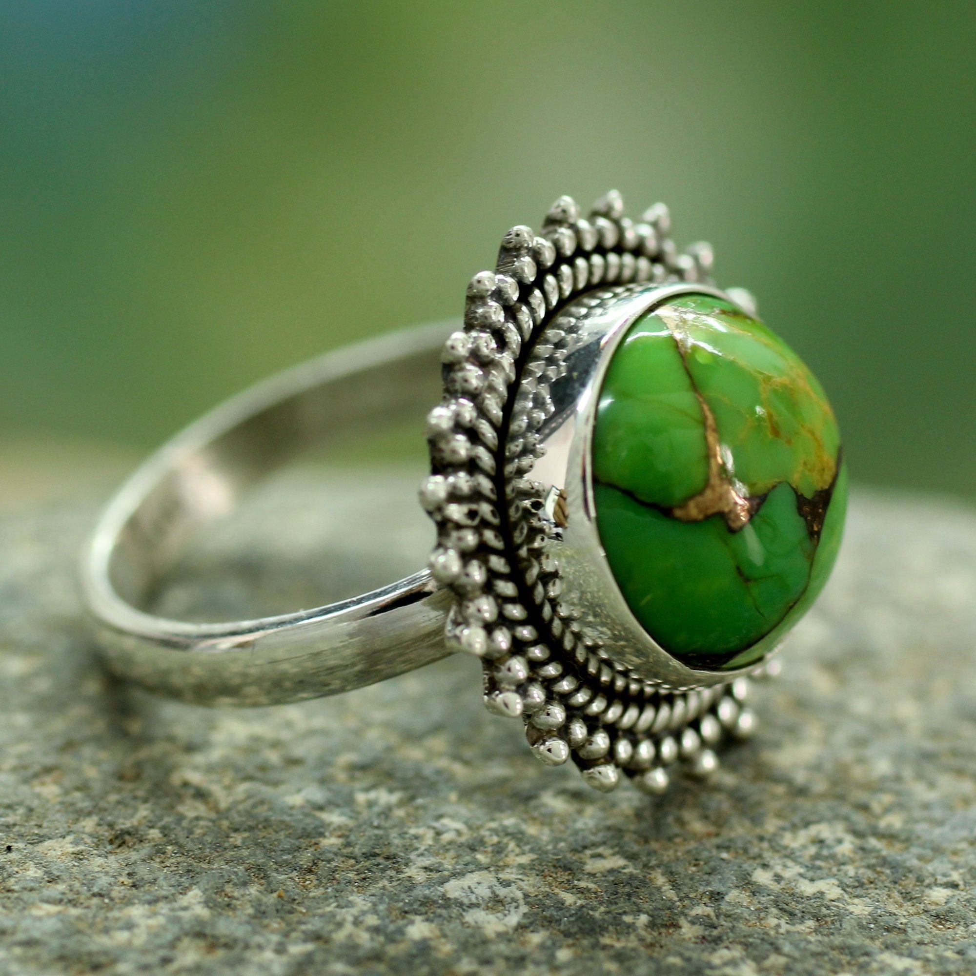 Premium Verdant Promise Sterling Silver Ring with Green Composite Turquoise