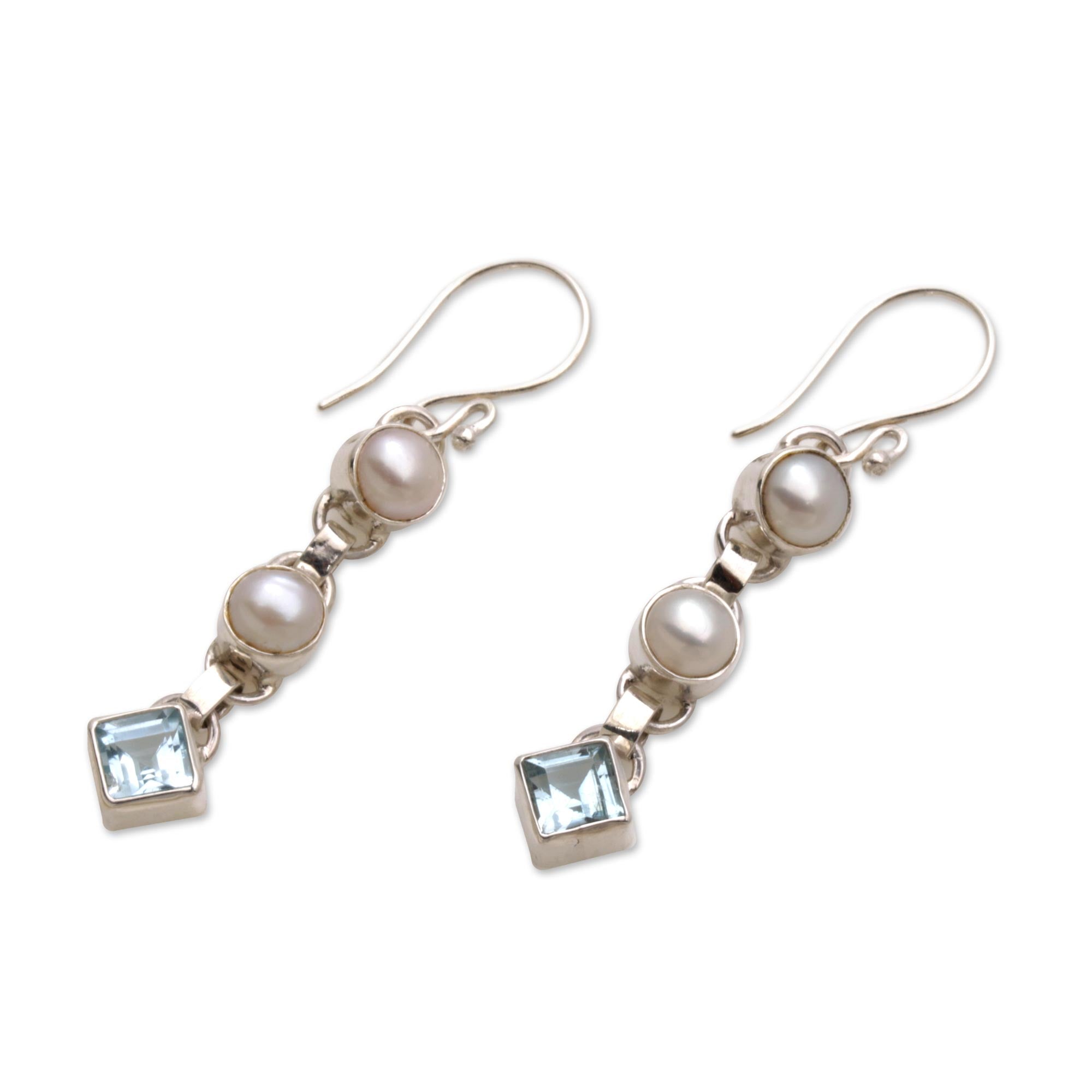 Premium Silver Trail Blue Topaz & Pearl Dangle Earrings - Handcrafted Elegance