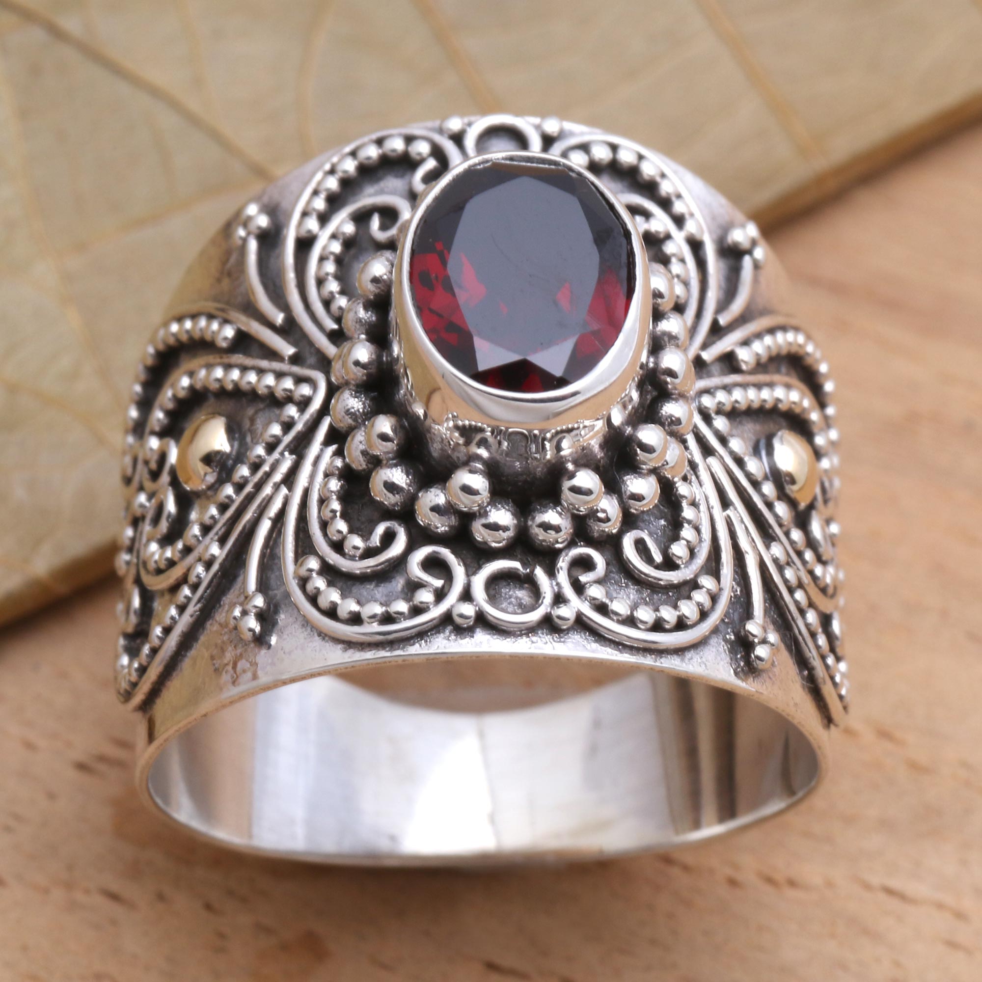 Premium Oval Garnet Ring with Balinese Silver & Gold Accents