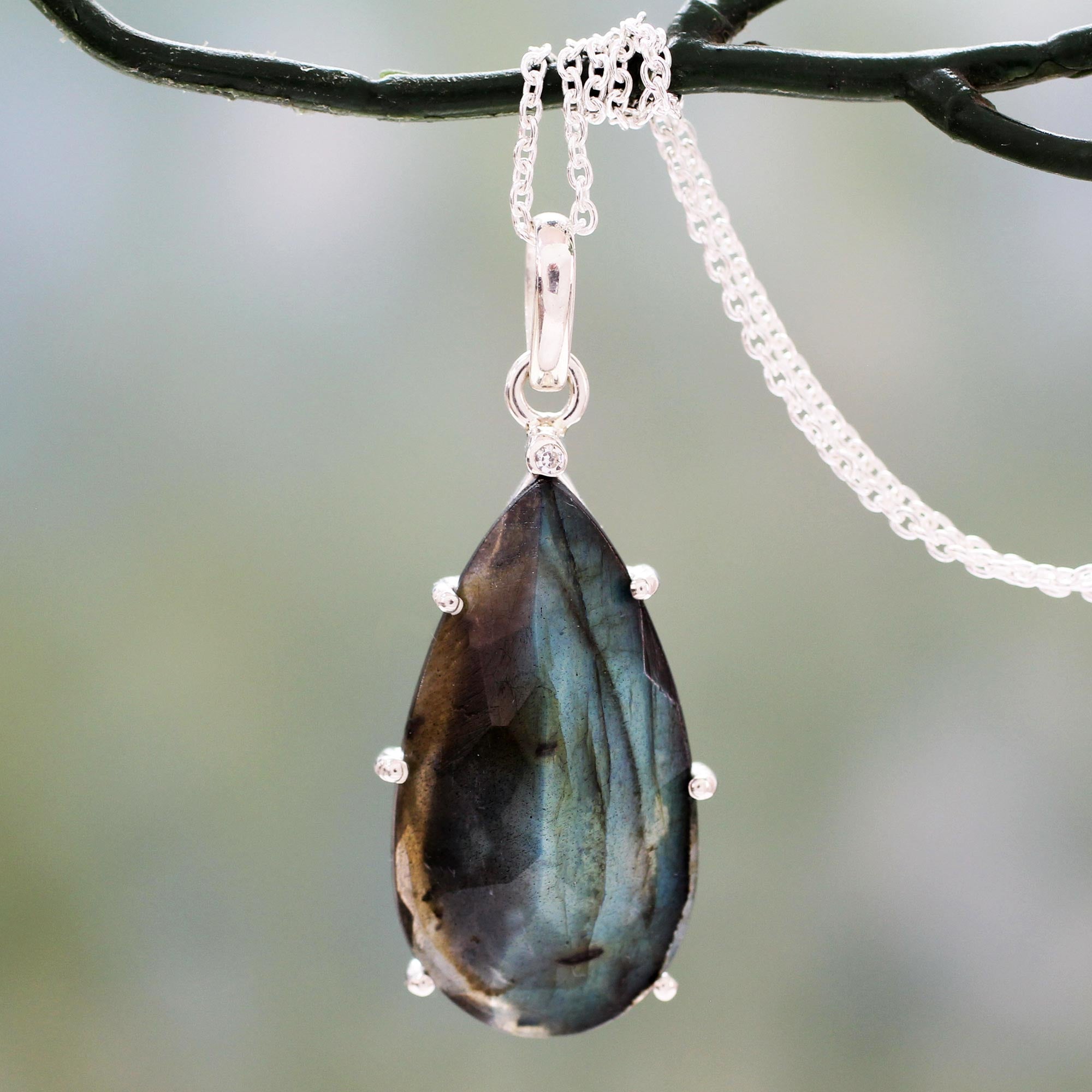 Premium Dusky Droplet Labradorite Pendant Necklace - Fair Trade & Sterling Silver