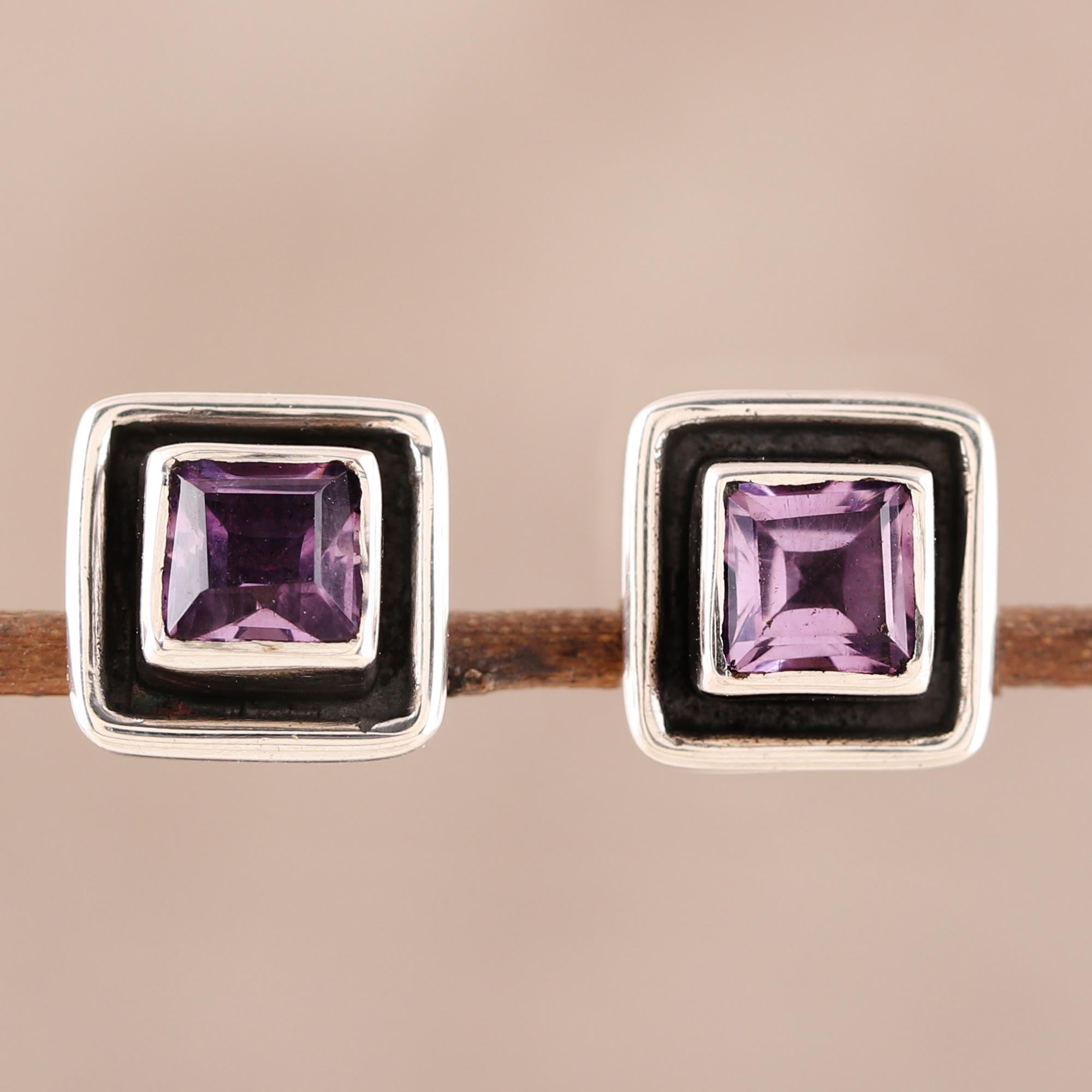 Premium Sterling Silver Amethyst Stud Earrings - Regal Square Design