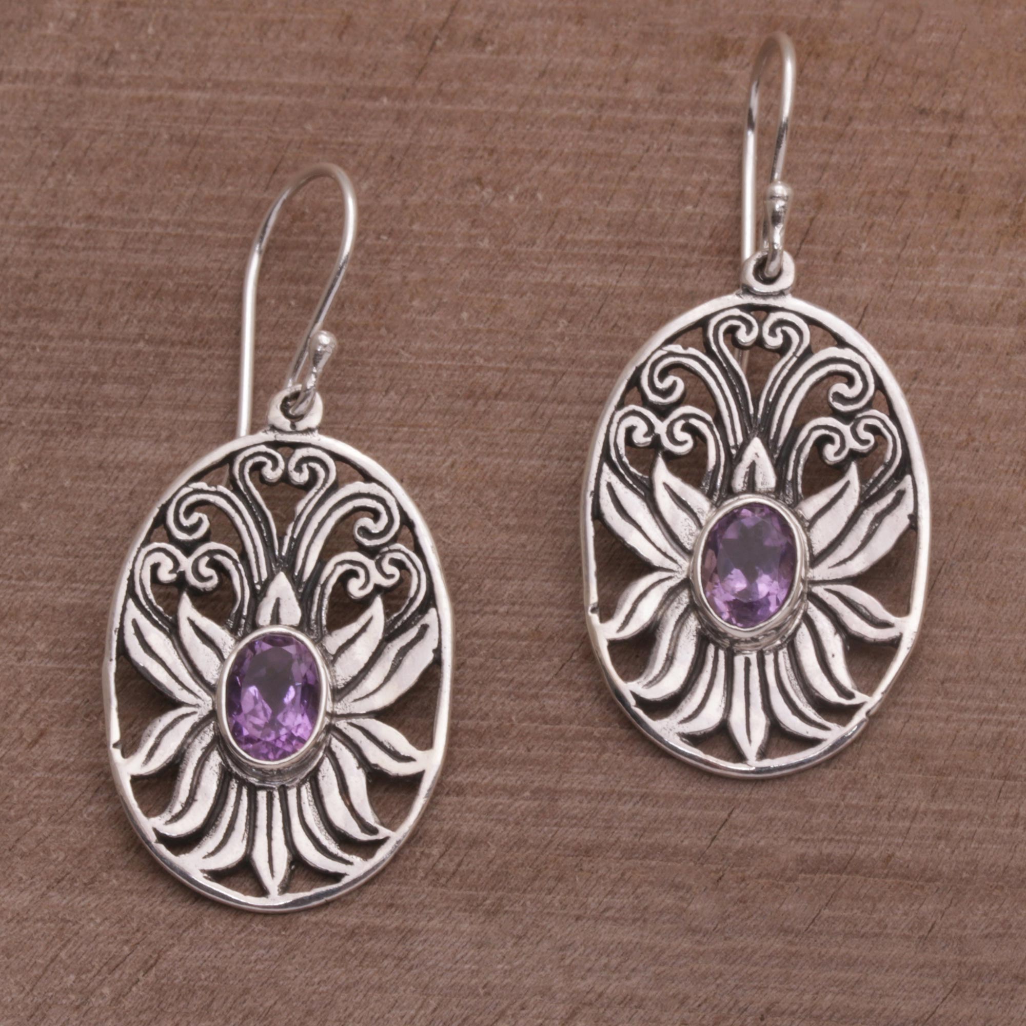 Premium Lotus Amethyst Sterling Silver Dangle Earrings - Timeless Elegance