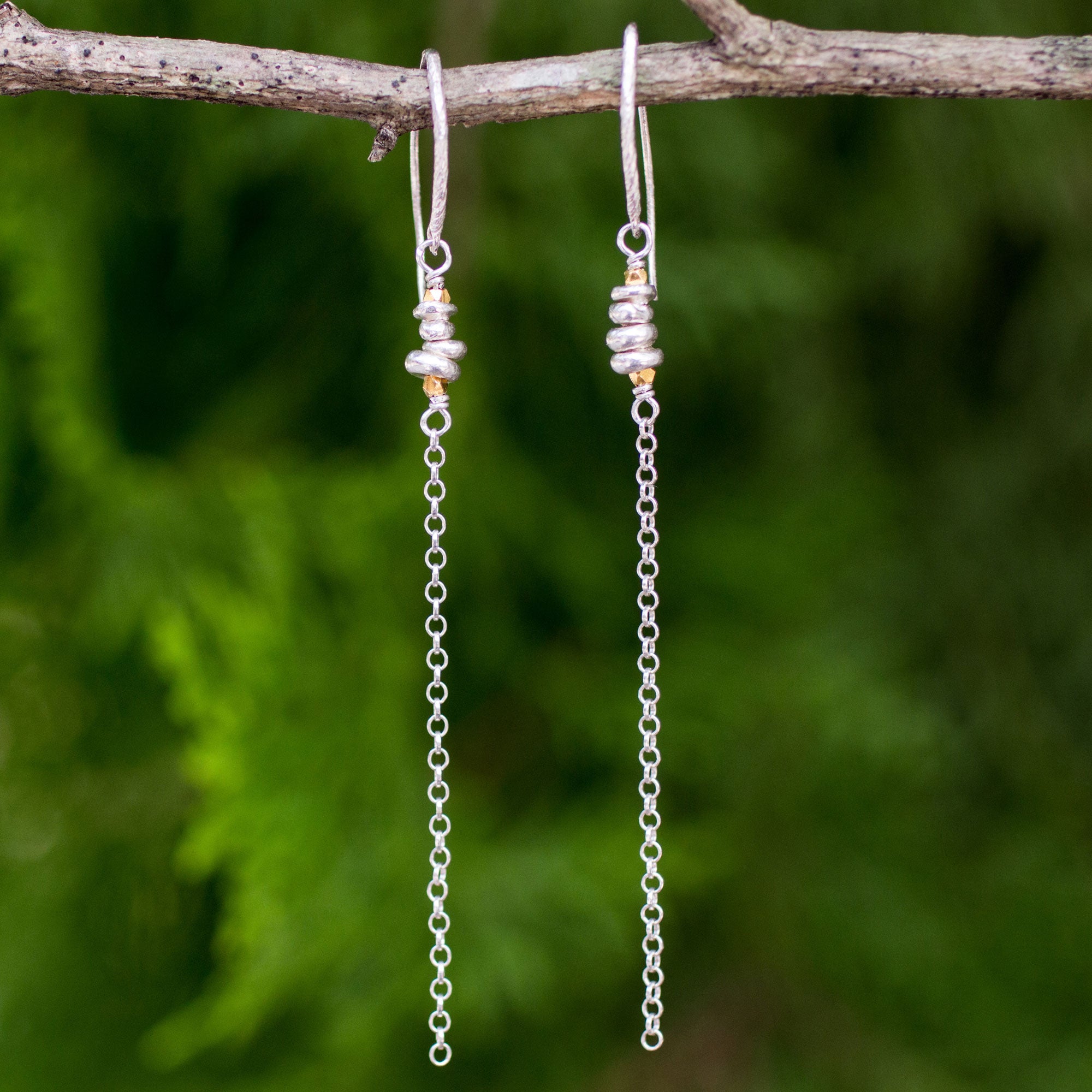 Premium Rain Chain Dangle Earrings - Sterling Silver with 24K Gold Accents