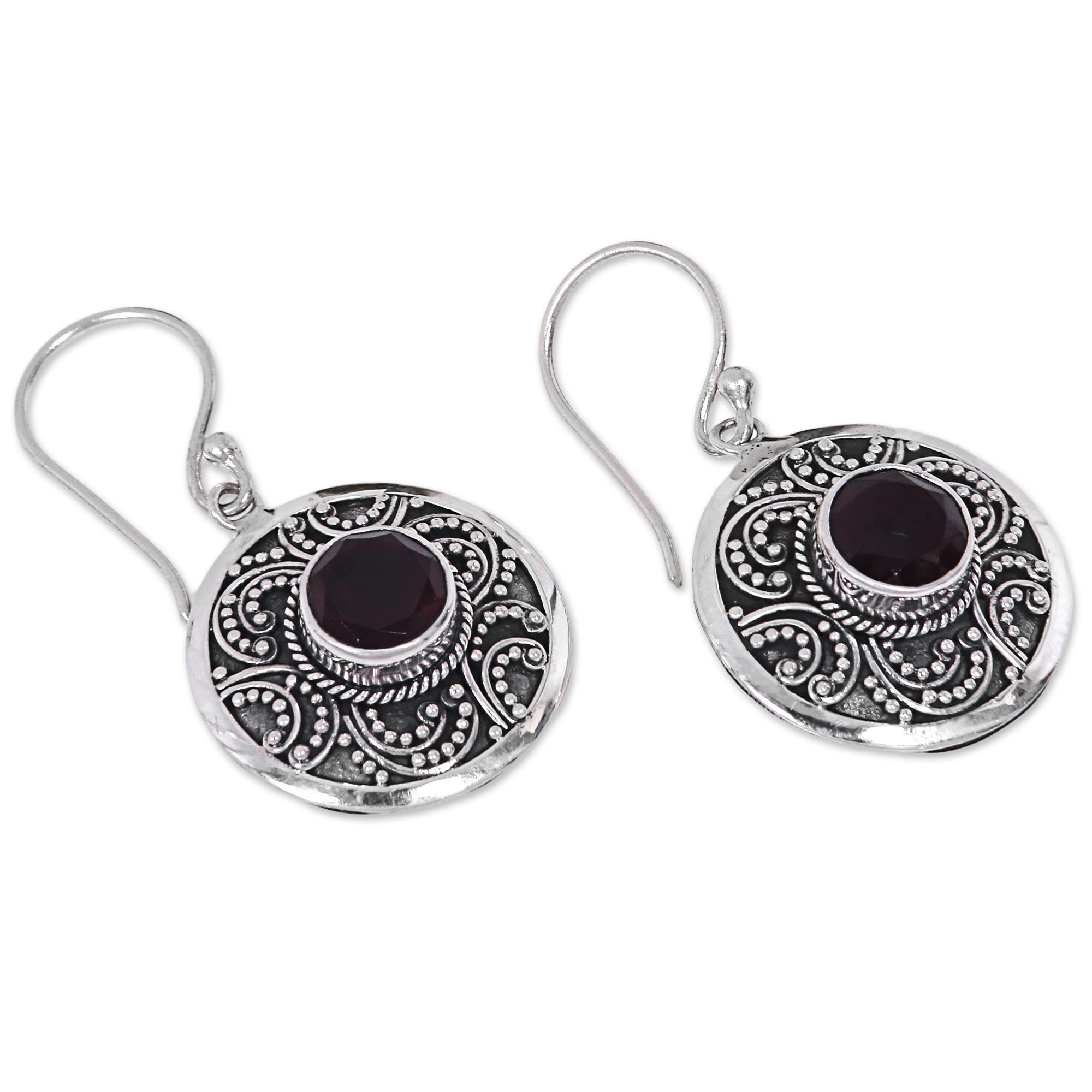 Premium Balinese Aura Garnet & Silver Dangle Earrings