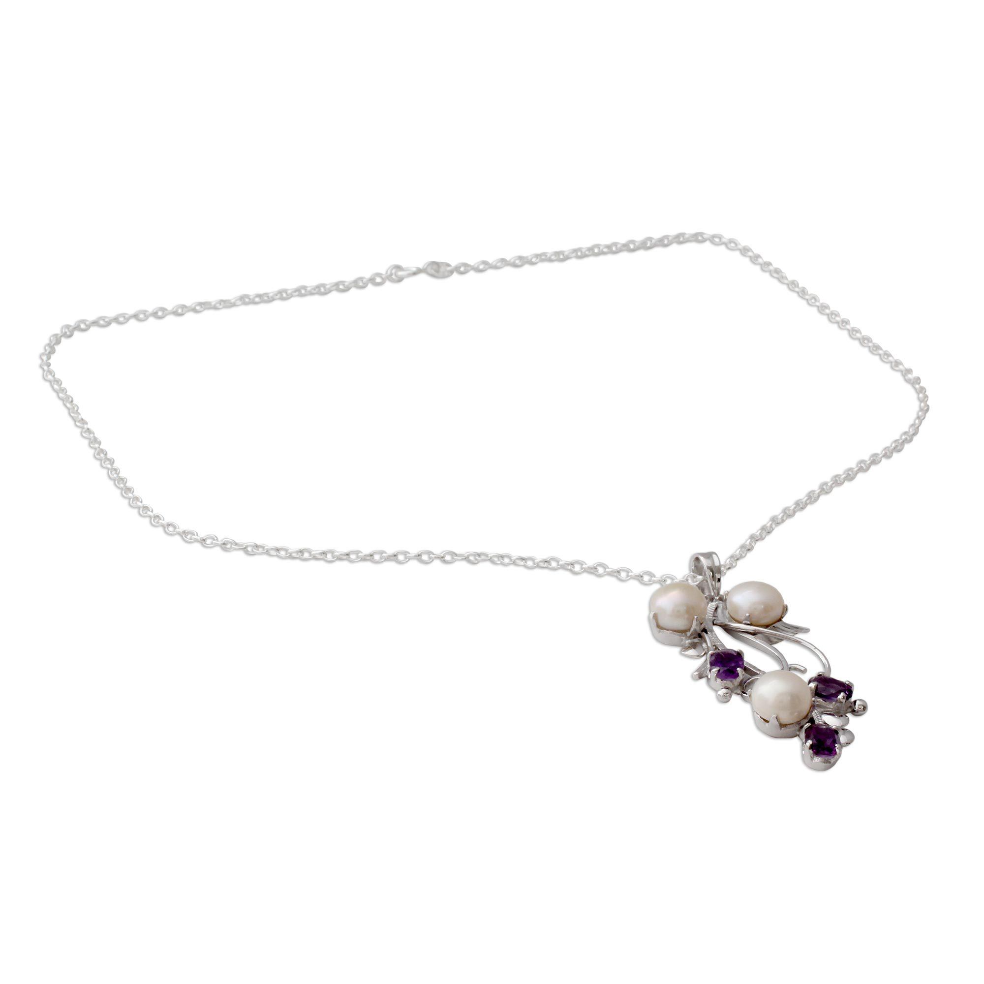 Premium Amethyst & Pearl Floral Pendant Necklace - Handcrafted Elegance