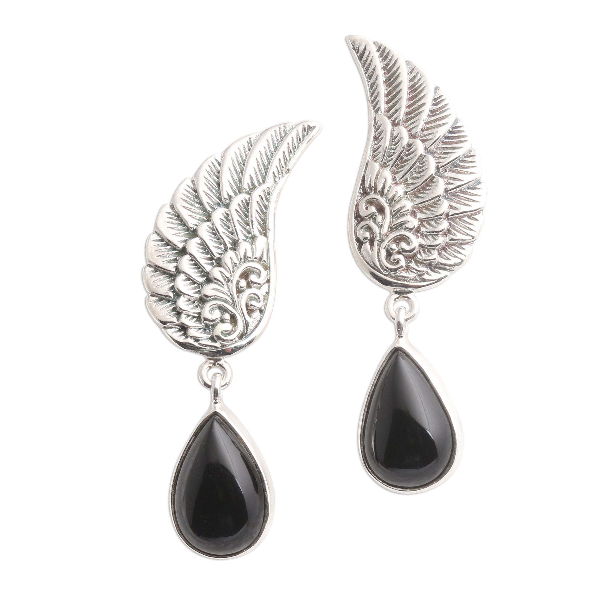 Premium Midnight Onyx Sterling Silver Dangle Earrings - Elegant Wing Design