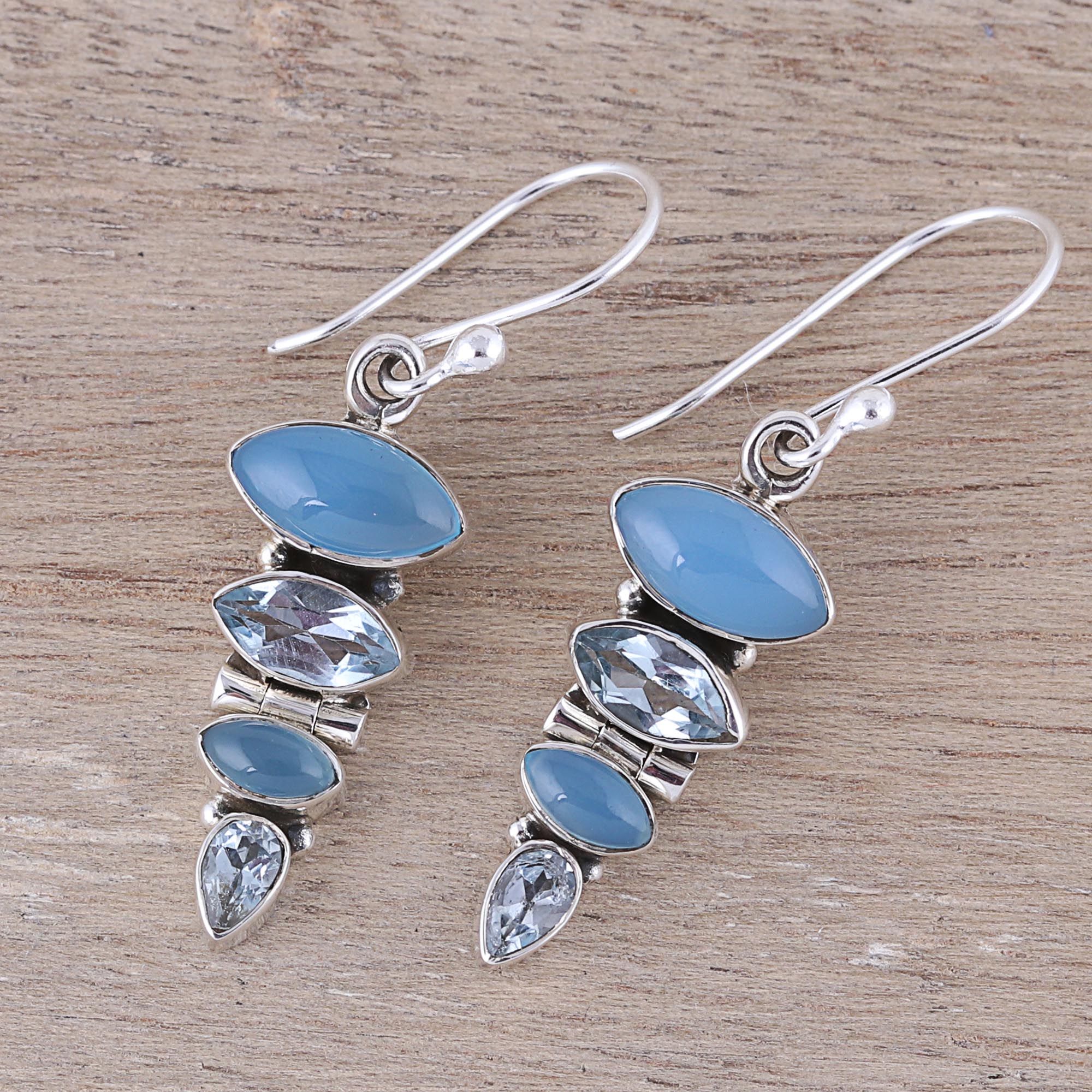 Premium Falling Stars Blue Topaz & Chalcedony Sterling Silver Dangle Earrings