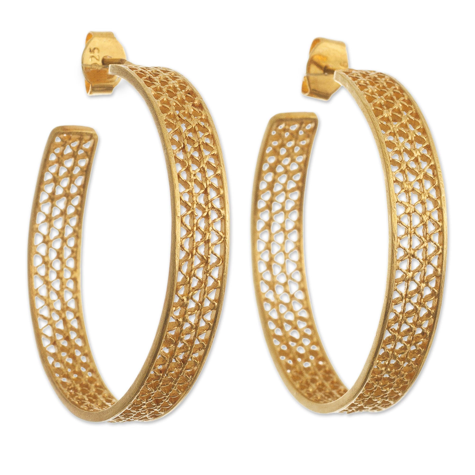 Premium 21k Gold Plated Filigree Half-Hoop Earrings - Handcrafted Peruvian Jewelry