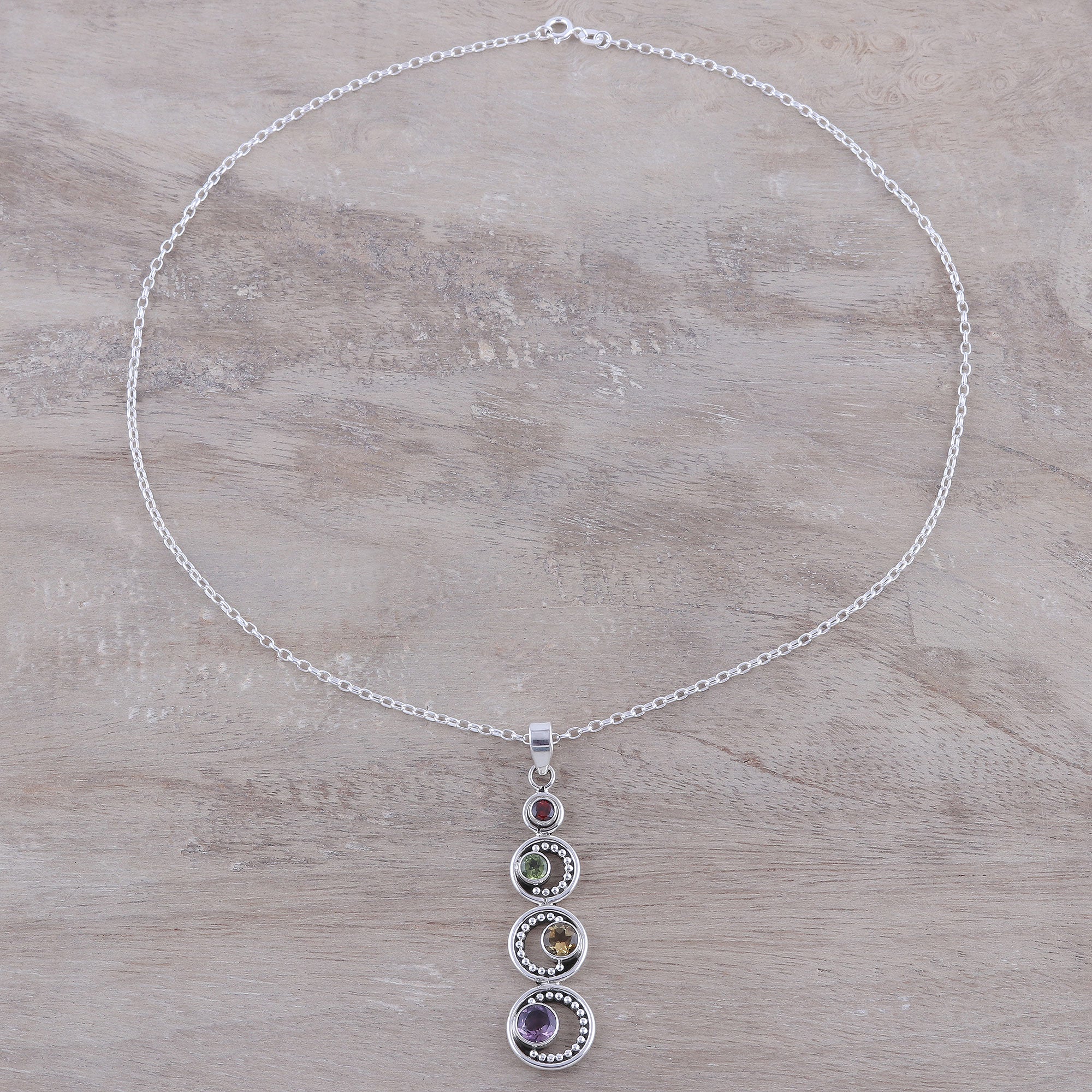 Premium Multi-Gemstone Crescent Pendant Necklace - Handcrafted Sterling Silver Jewelry from India