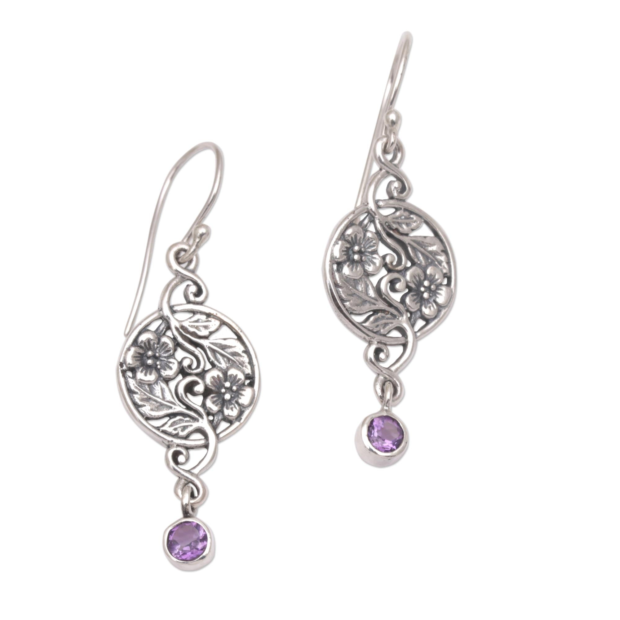 Premium Balinese Amethyst Floral Dangle Earrings in Sterling Silver