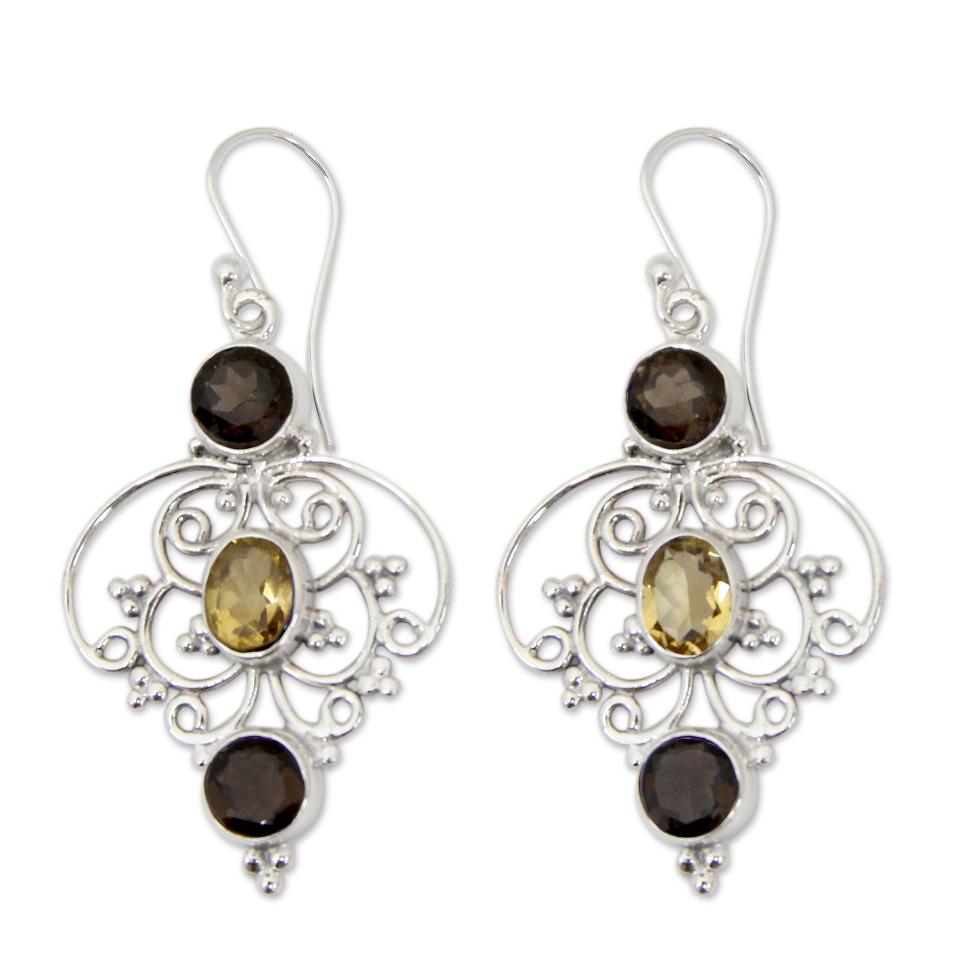 Premium Dusk Arabesque Indian Sterling Silver Earrings with Smoky Quartz & Citrine