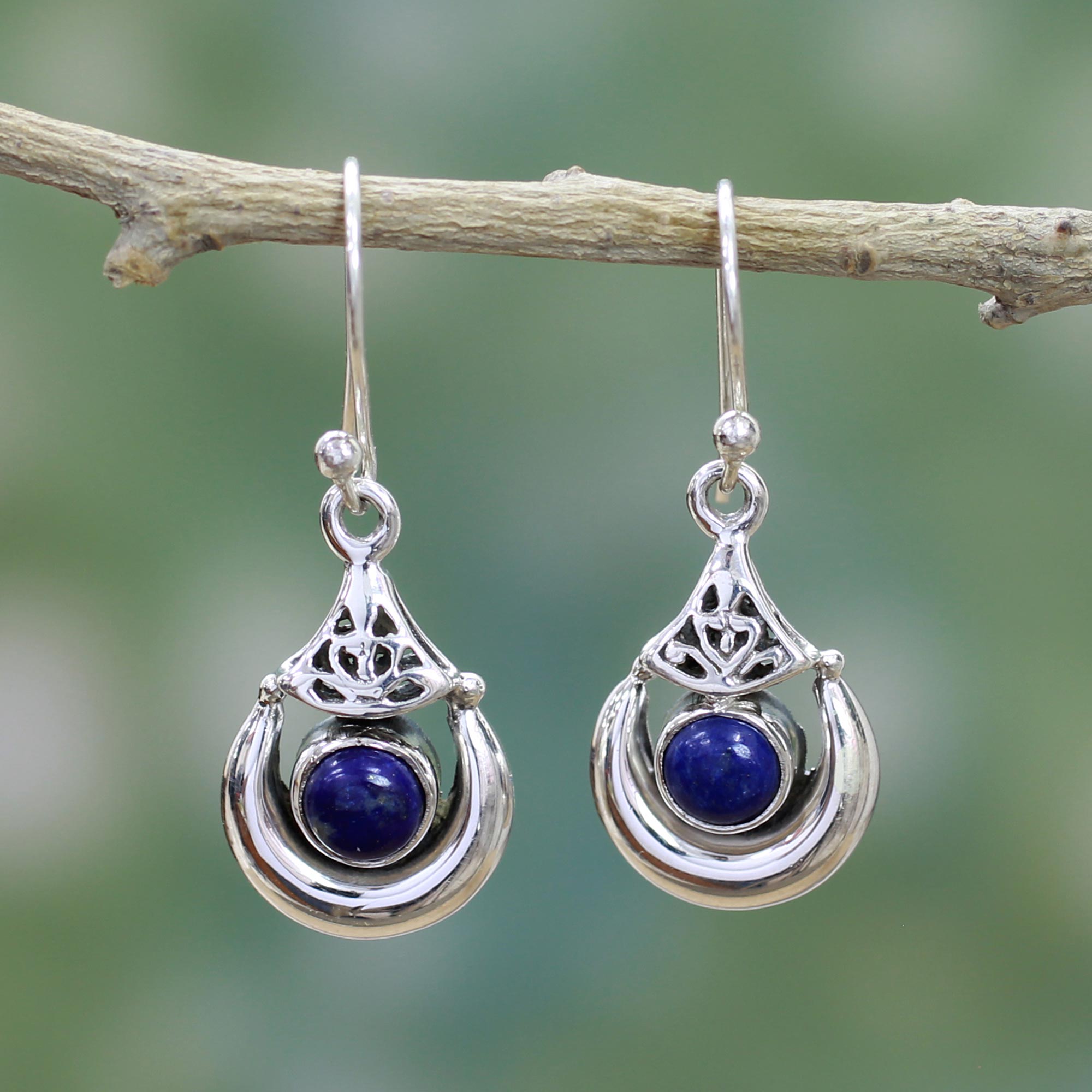 Premium Lapis Lazuli Crescent Silver Earrings – Handcrafted Elegance