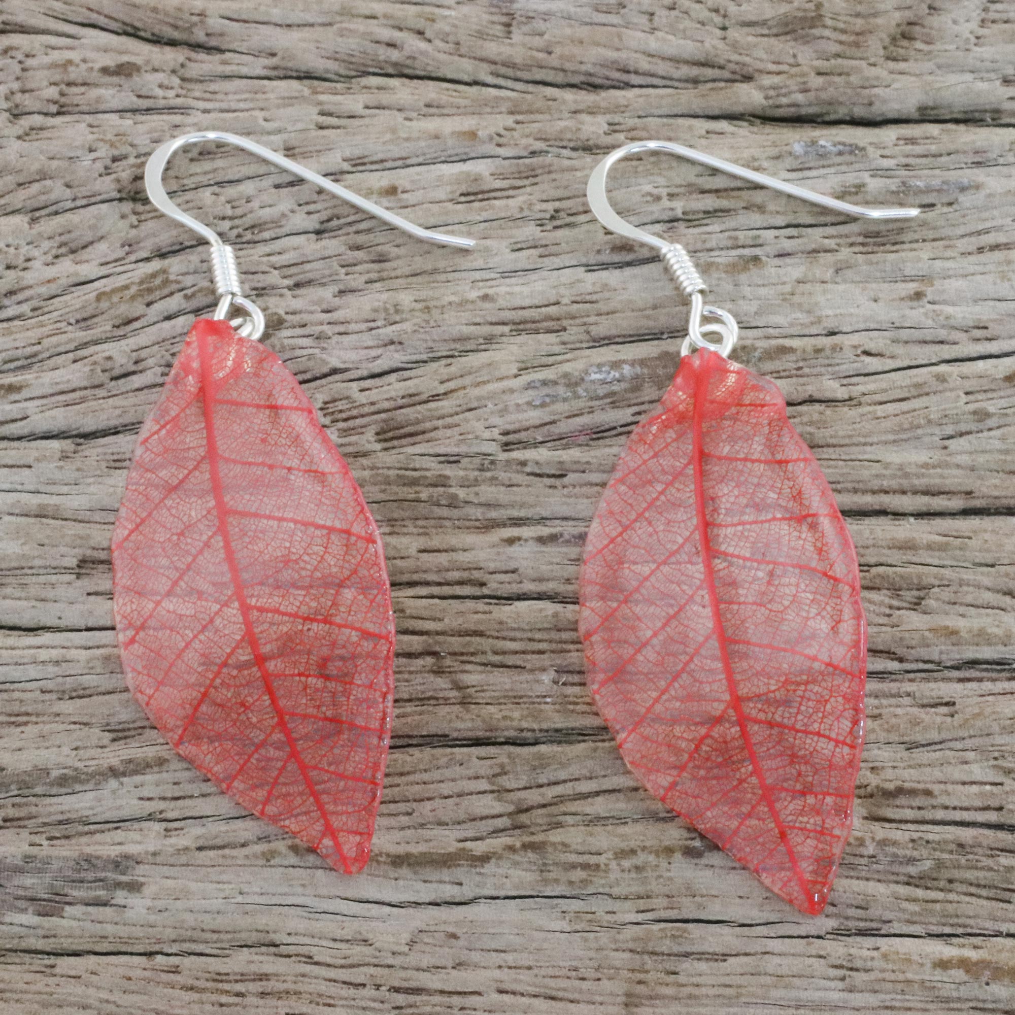 Premium Crimson Natural Leaf Dangle Earrings – Handcrafted in Thailand