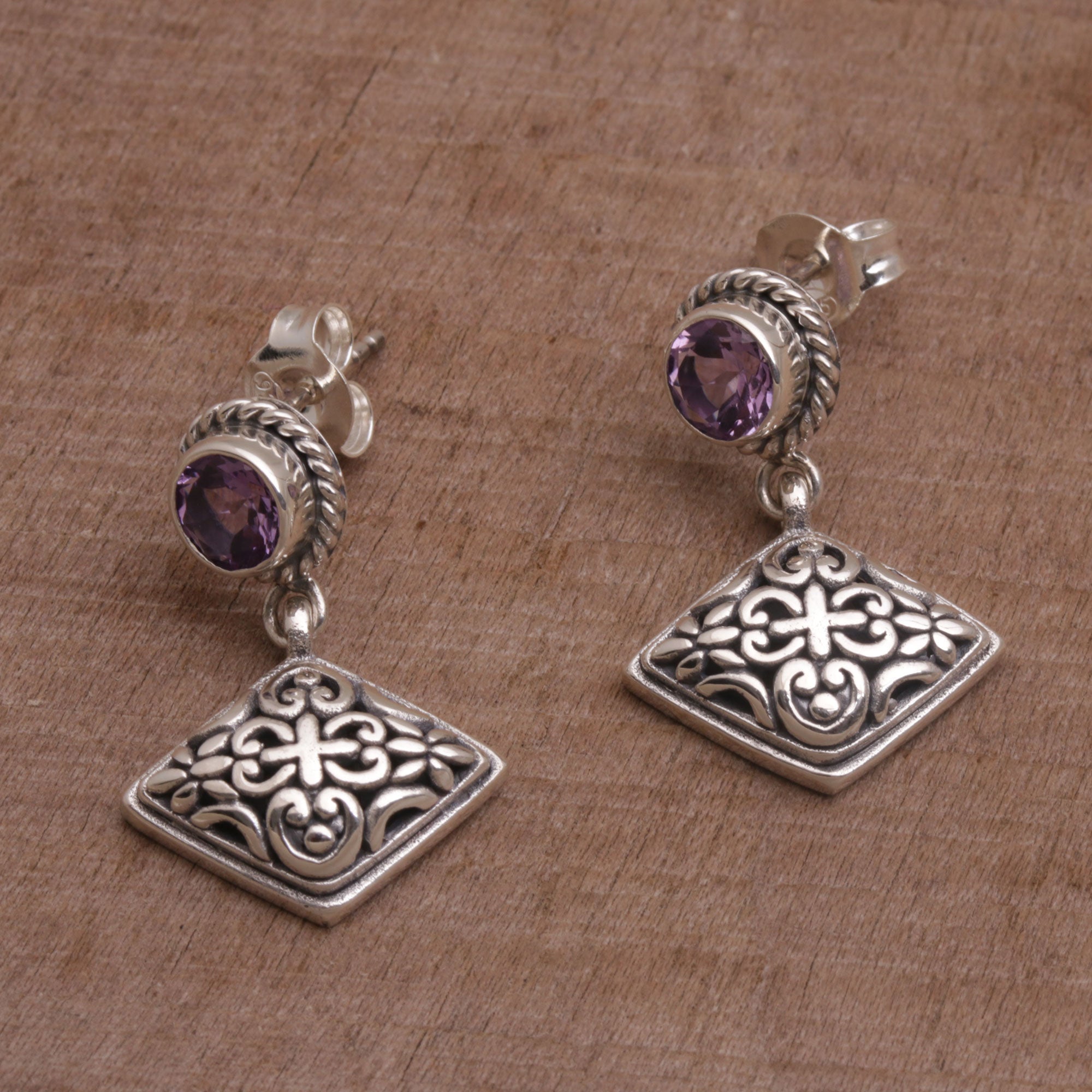 Premium Amethyst & Diamond Dangle Earrings - Handcrafted Bali Sterling Silver Jewelry