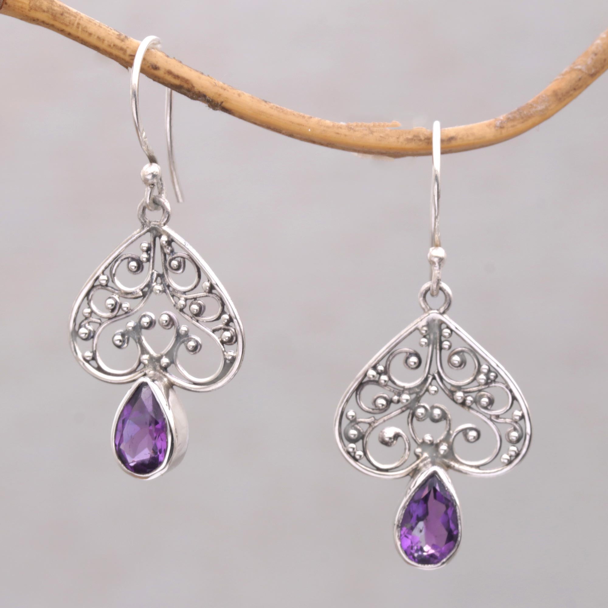 Premium Sterling Silver Amethyst Dangle Earrings – Handcrafted in Bali