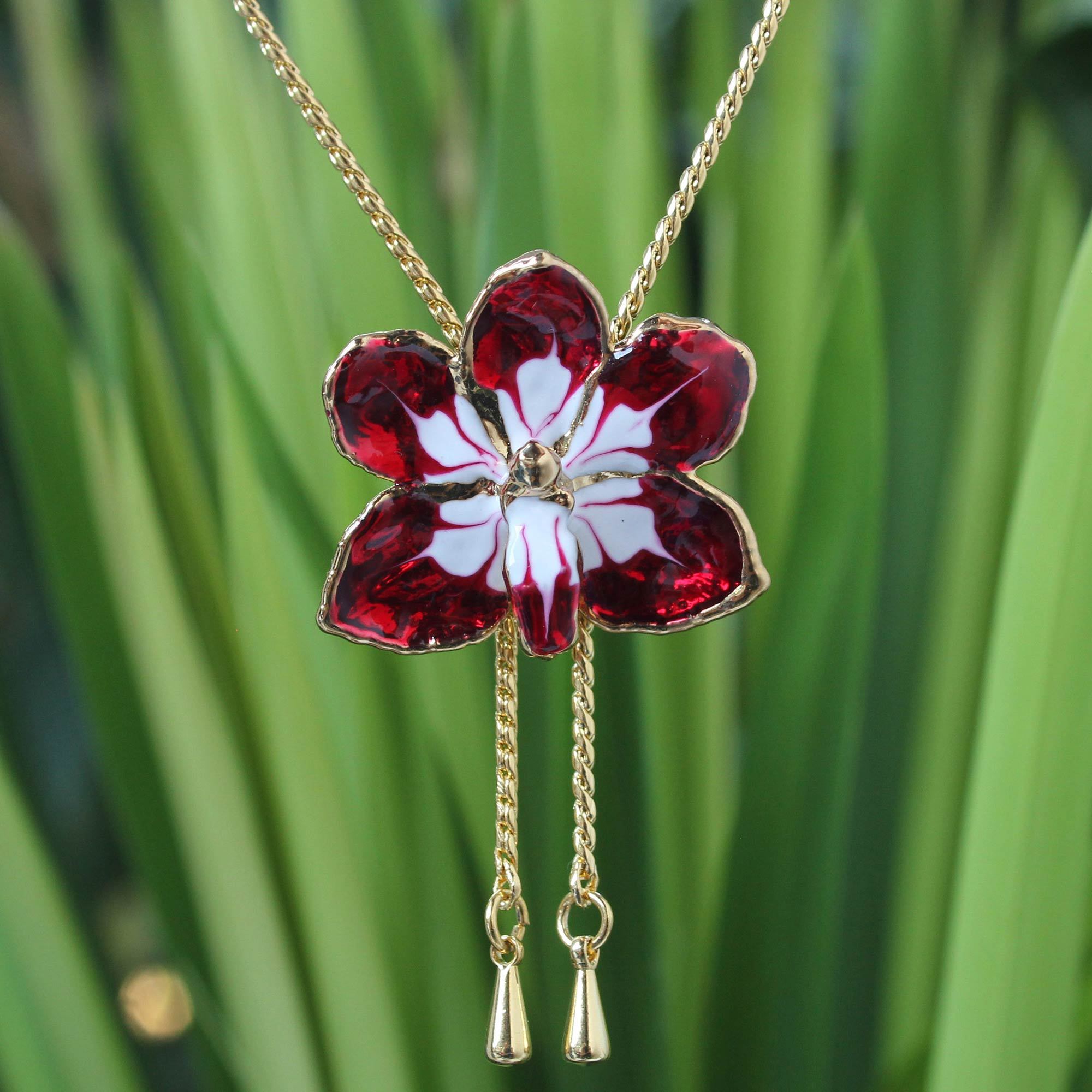 Premium Natural Orchid Pendant Lariat Necklace - Handcrafted Elegance