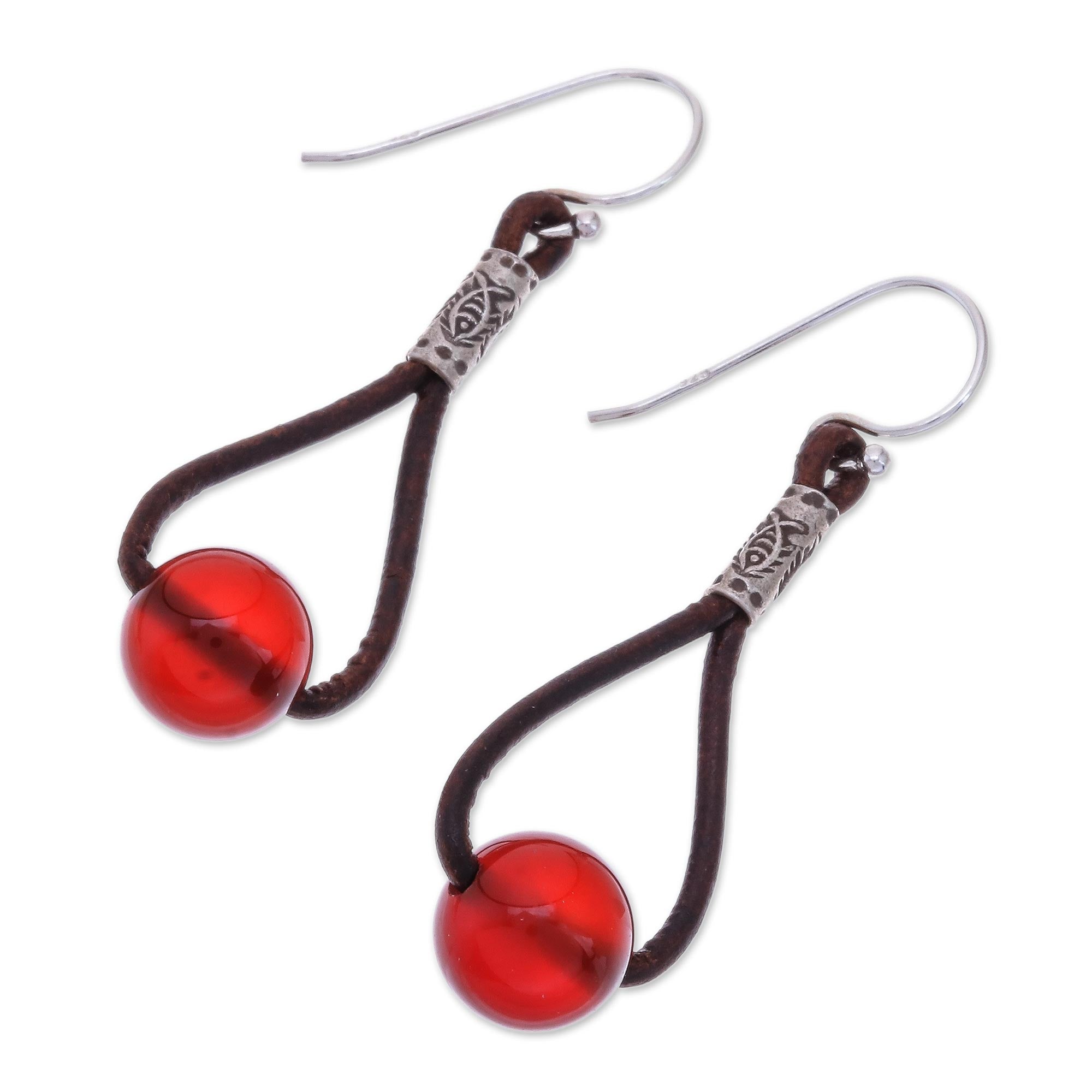 Premium Carnelian & Karen Silver Dangle Earrings with Leather – Spring Passion Collection