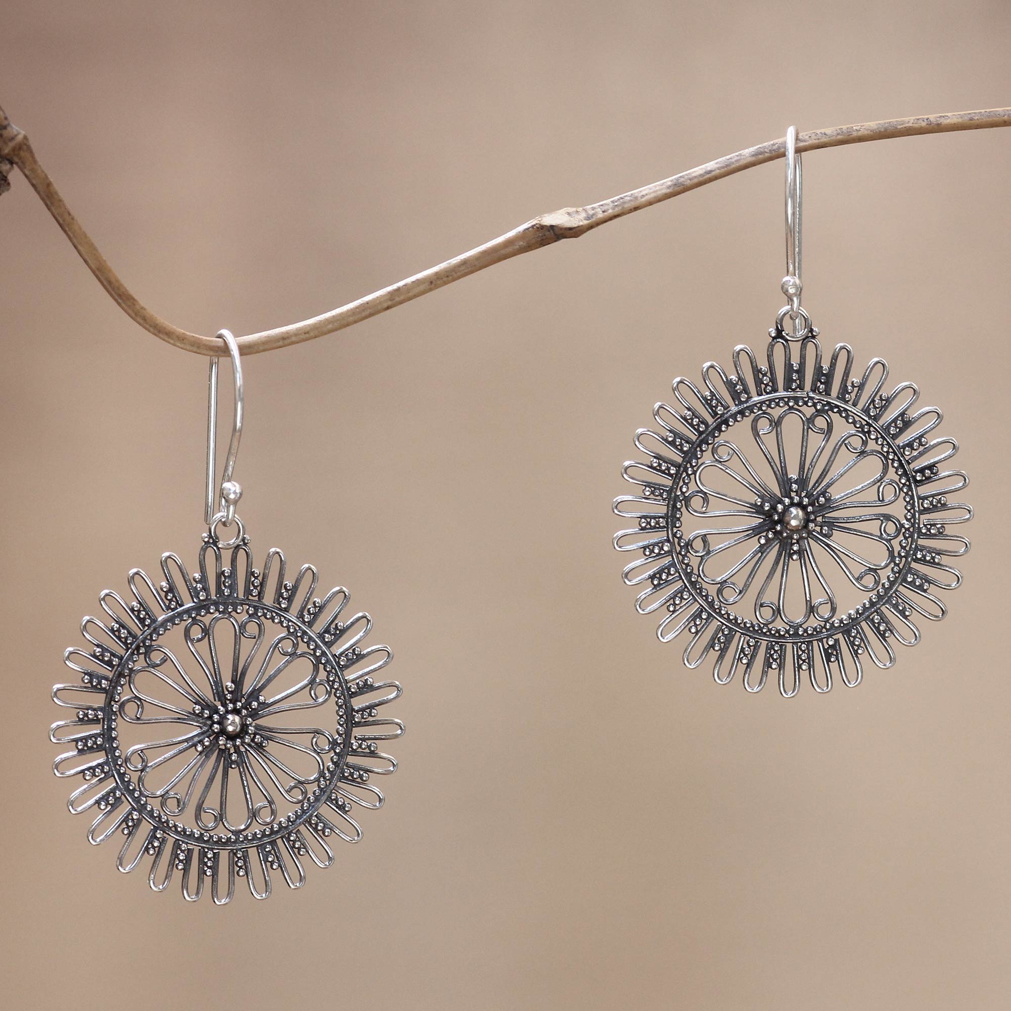 Premium Handmade Sterling Silver Dangle Earrings - Dazzling Suns Design