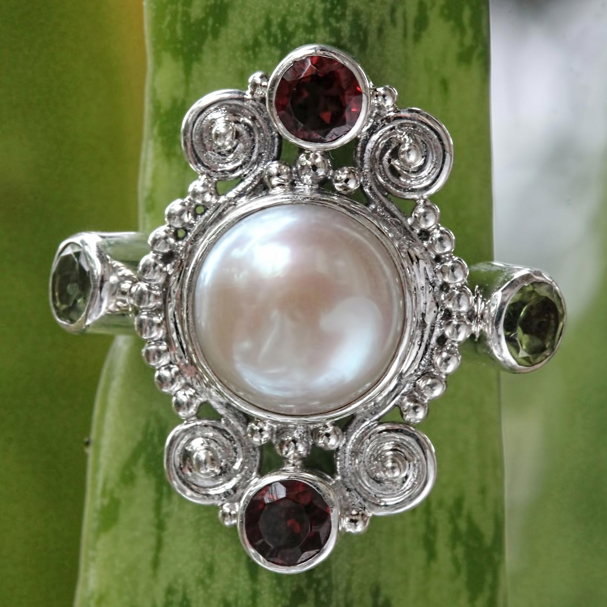 Premium Moon and Stars Artisan Ring - Cultured Pearl, Garnet & Peridot