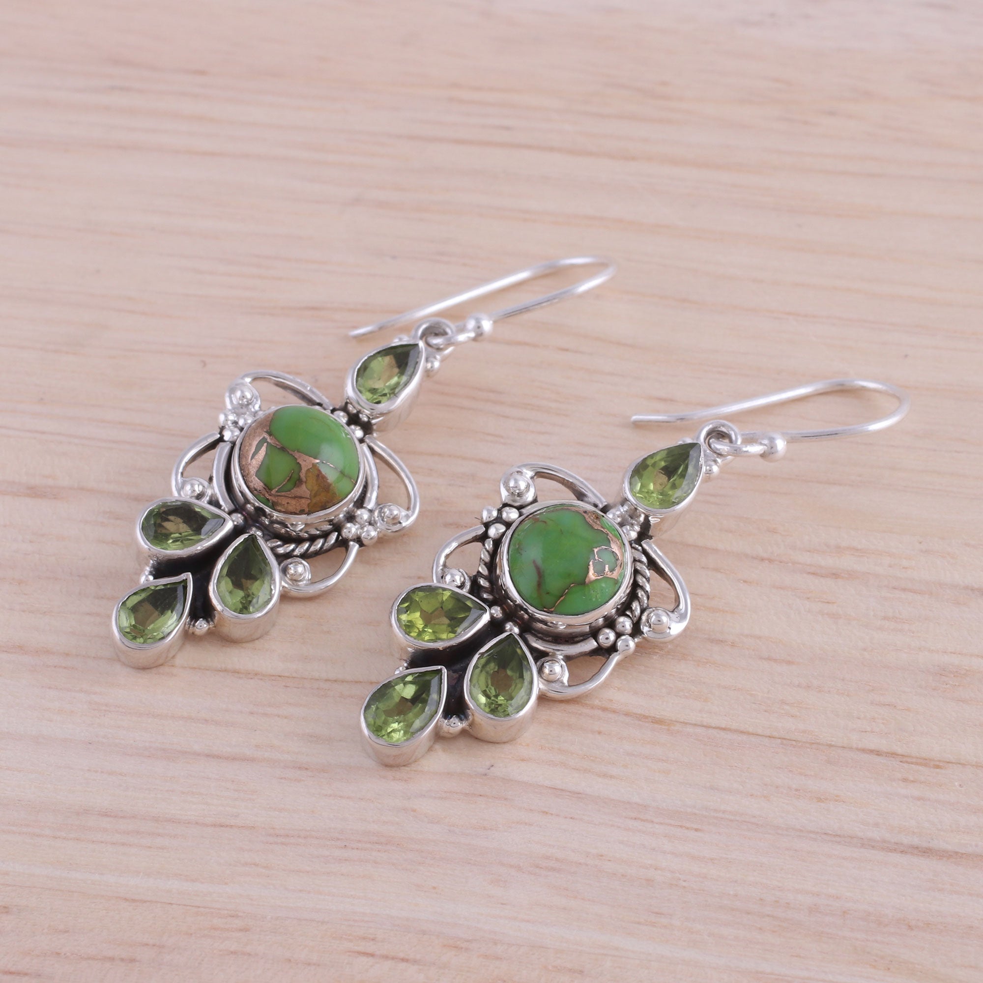 Premium Glittering Green Peridot & Turquoise Sterling Silver Dangle Earrings