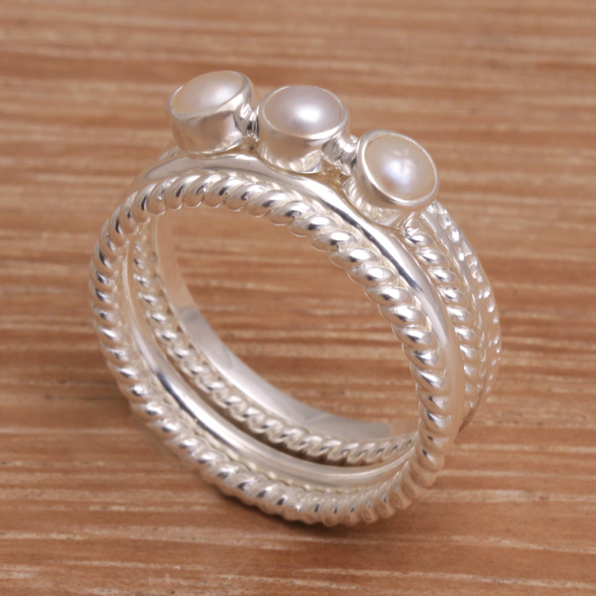 Premium United Moons 925 Sterling Silver & Cultured Pearl Stacking Ring Set (4-Piece)