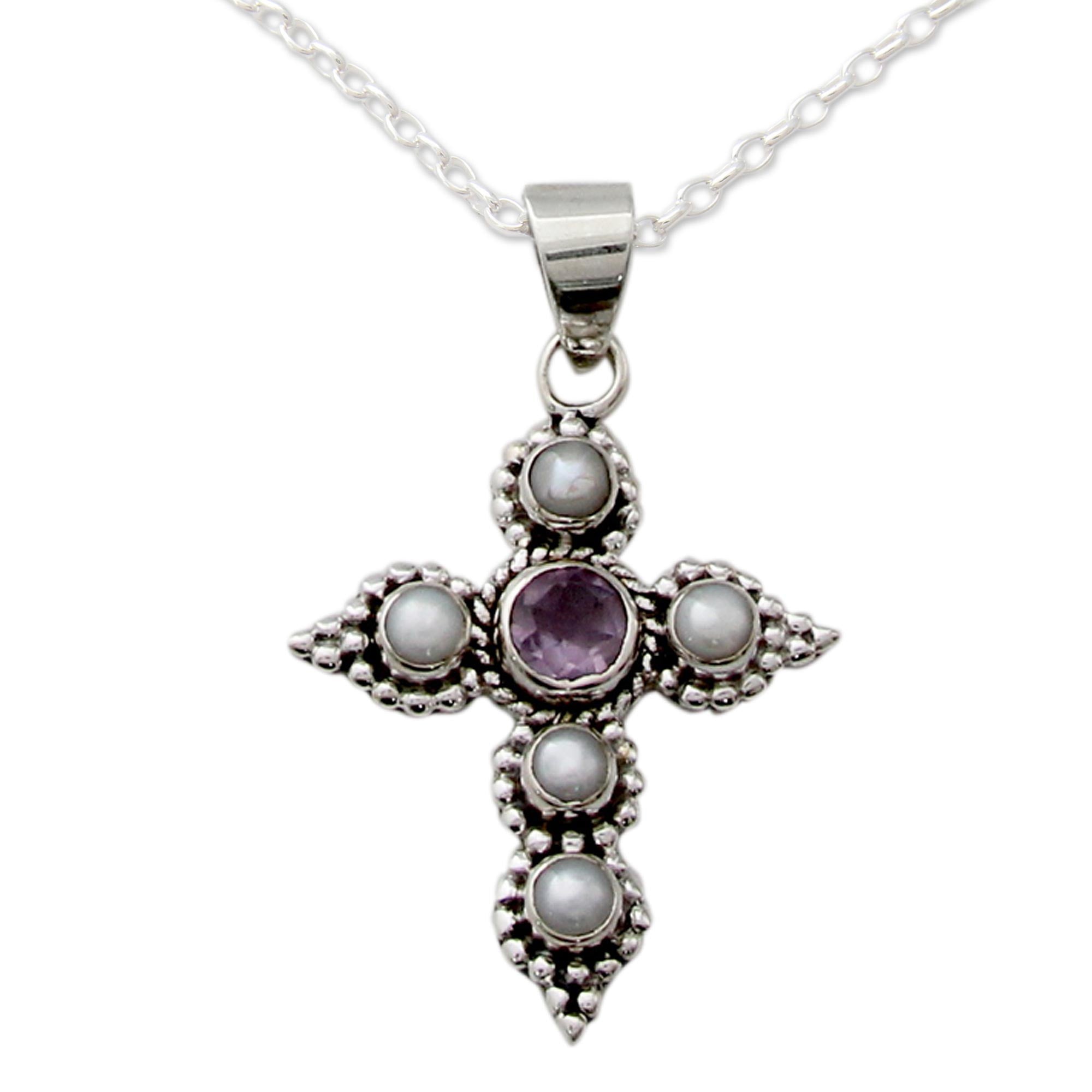 Premium Harmony in White Cultured Pearl & Amethyst Cross Pendant Necklace