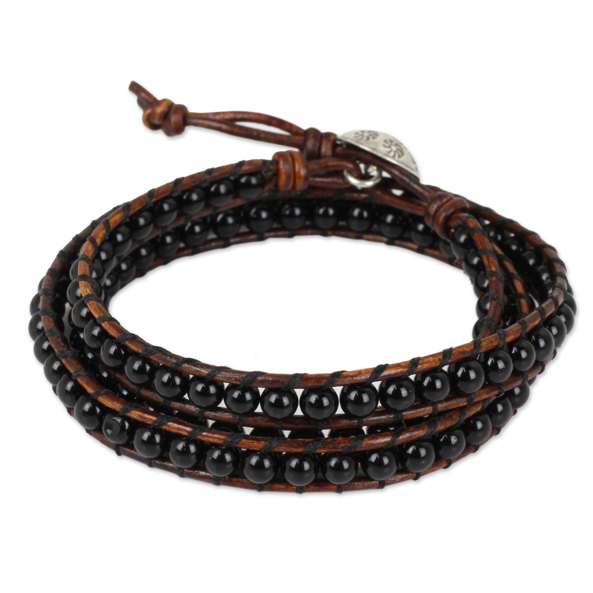 Premium Surin Night Onyx & Leather Wrap Bracelet with Hill Tribe Silver Clasp