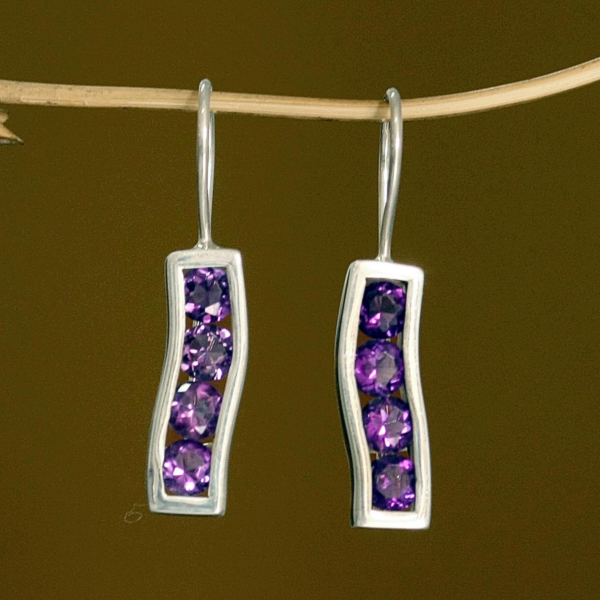 Premium Amethyst & Silver Ribbon Drop Earrings - Handcrafted Elegance