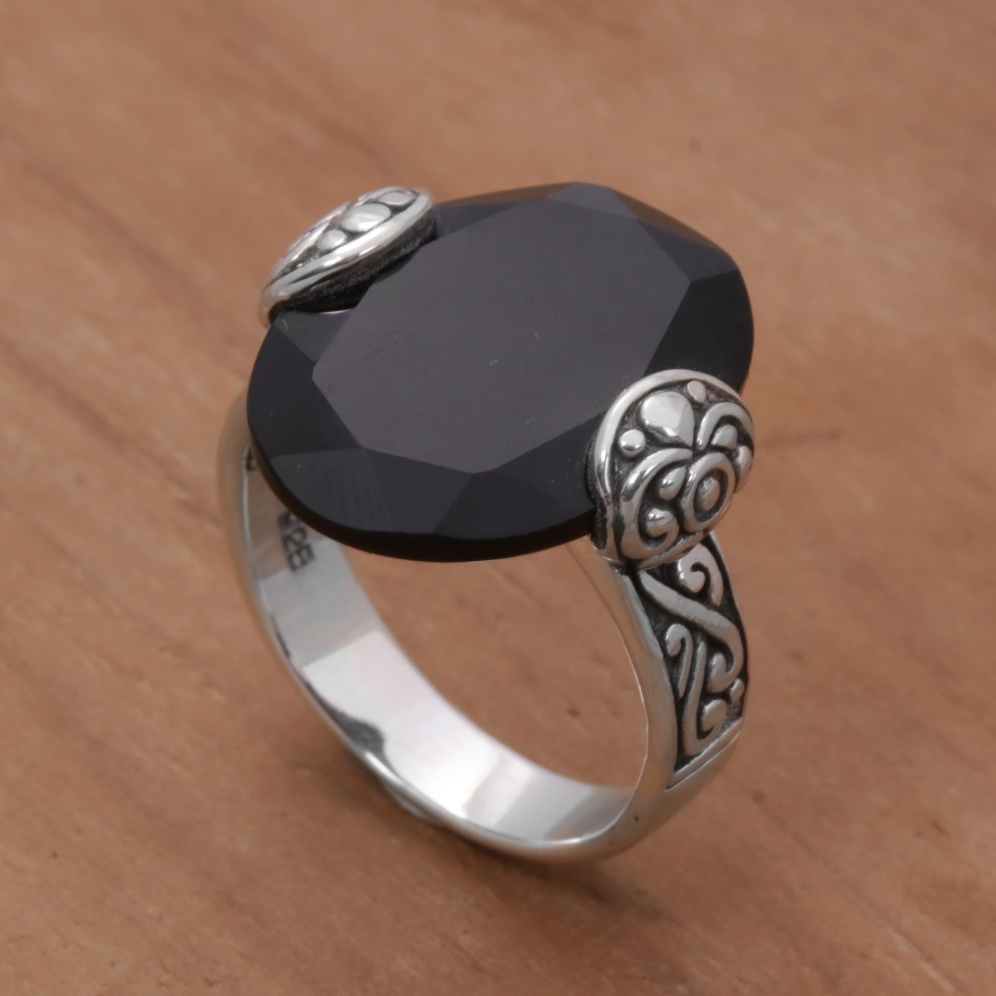 Premium Mystique Oval Onyx & Sterling Silver Cocktail Ring – Handcrafted in Bali