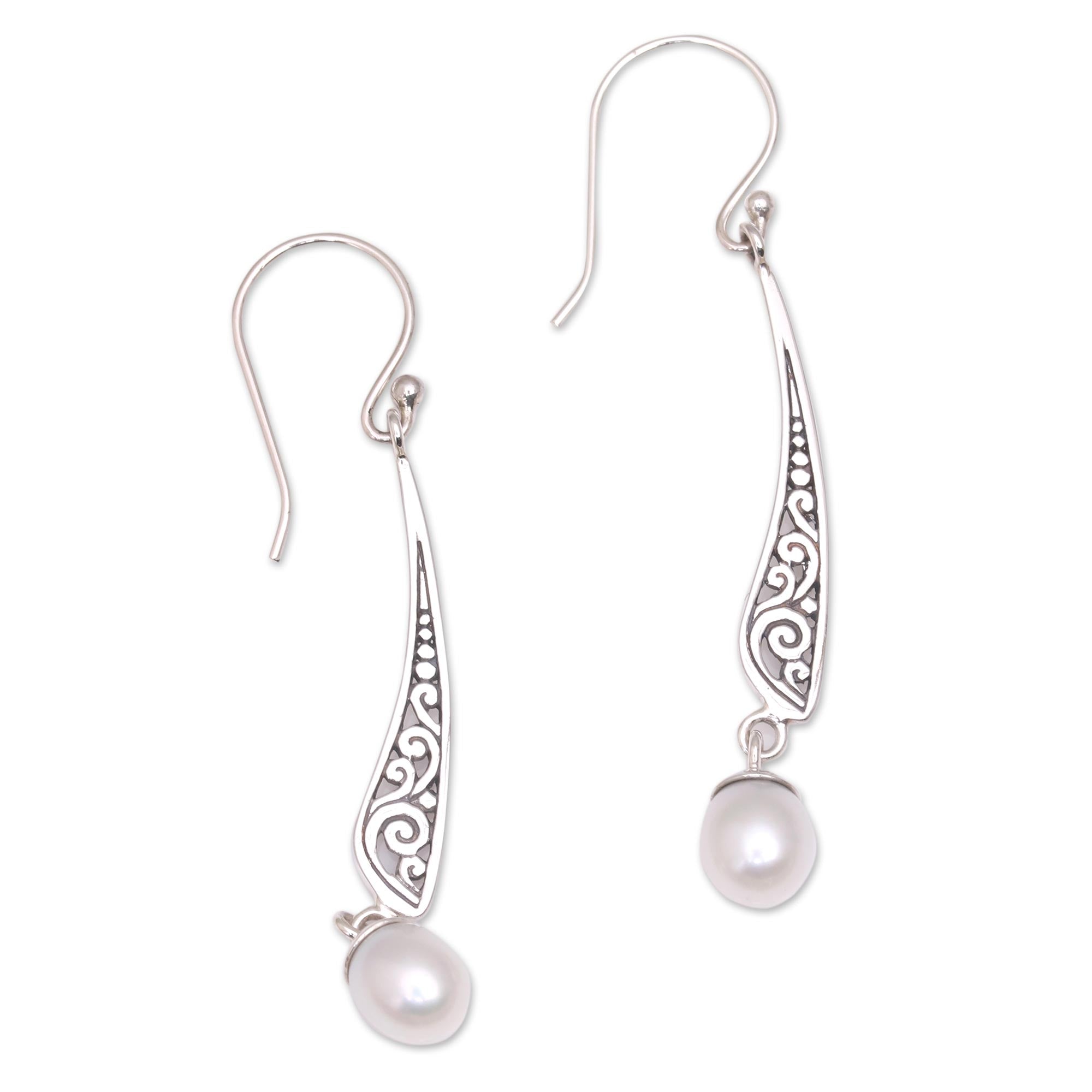 Premium Vine Motif Cultured Pearl Dangle Earrings - Handcrafted in Indonesia