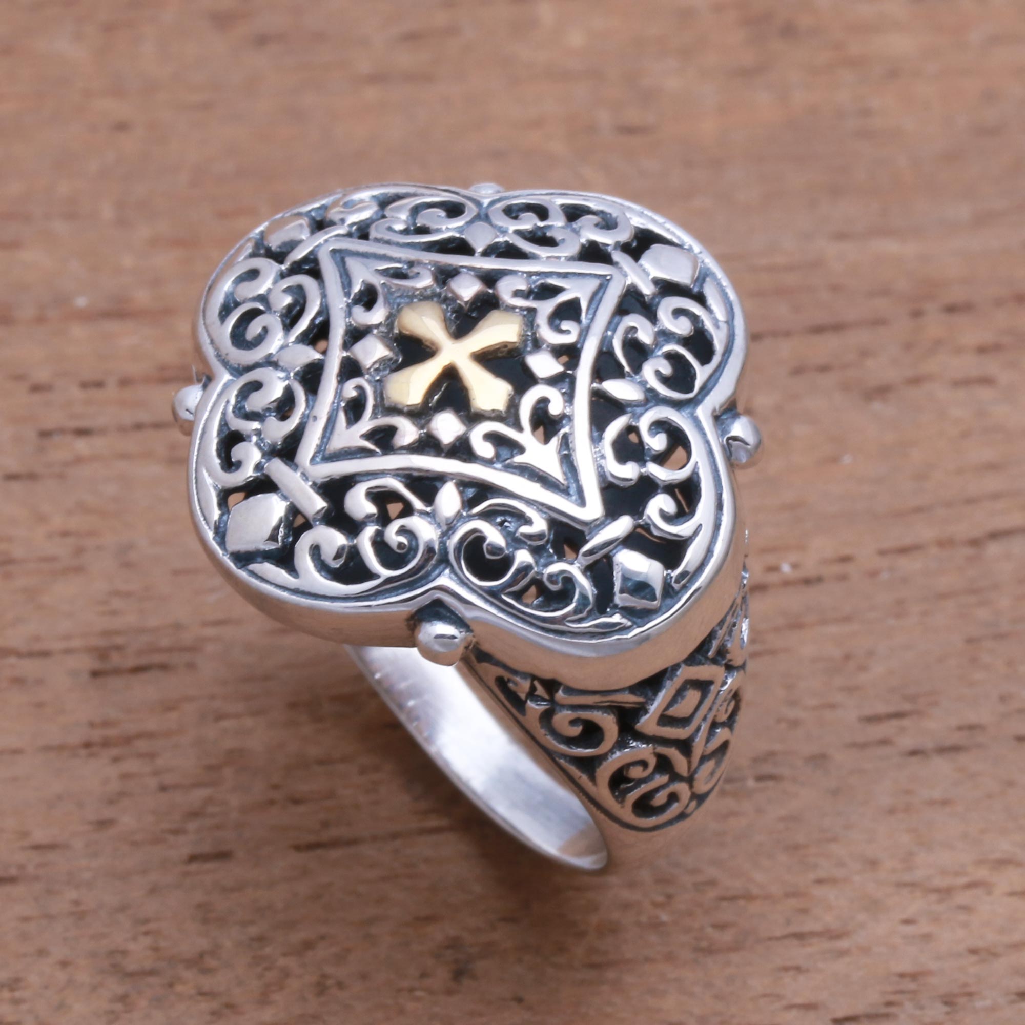 Premium Cross-Themed Sterling Silver Ring with 18K Gold Accent