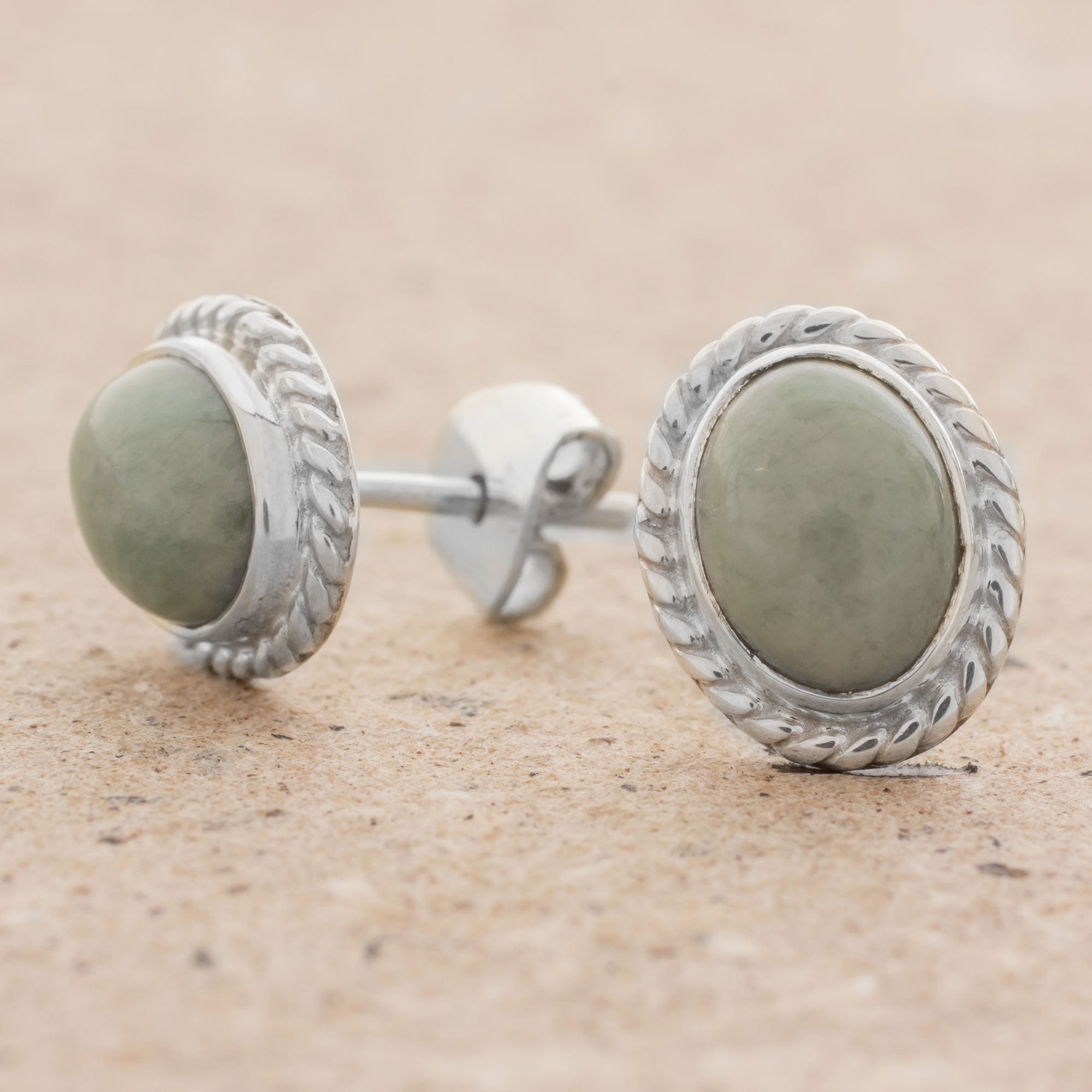 Premium Light Green Jade Oval Stud Earrings - Handcrafted in Guatemala